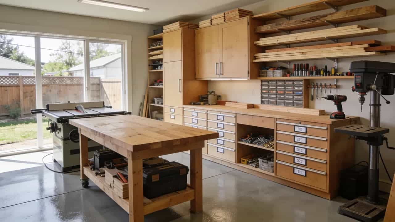 Hobby workshop addition with workbench and storage cabinets.