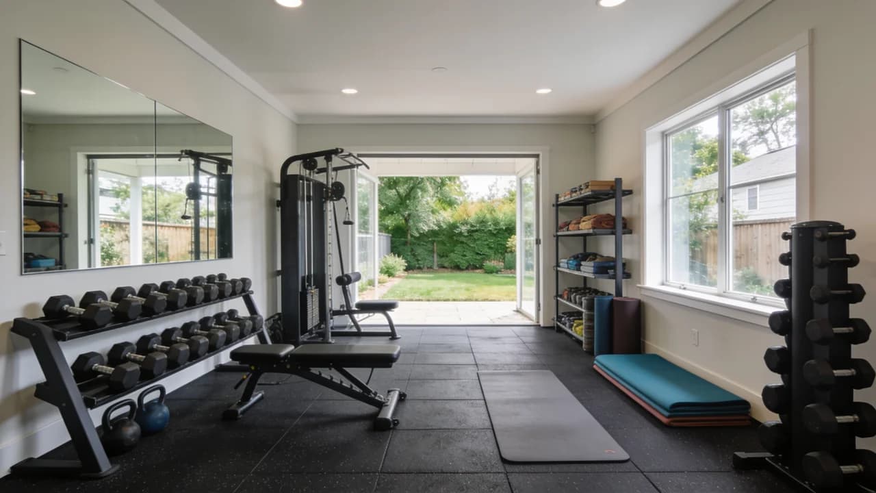 Home gym addition with workout equipment and backyard windows.