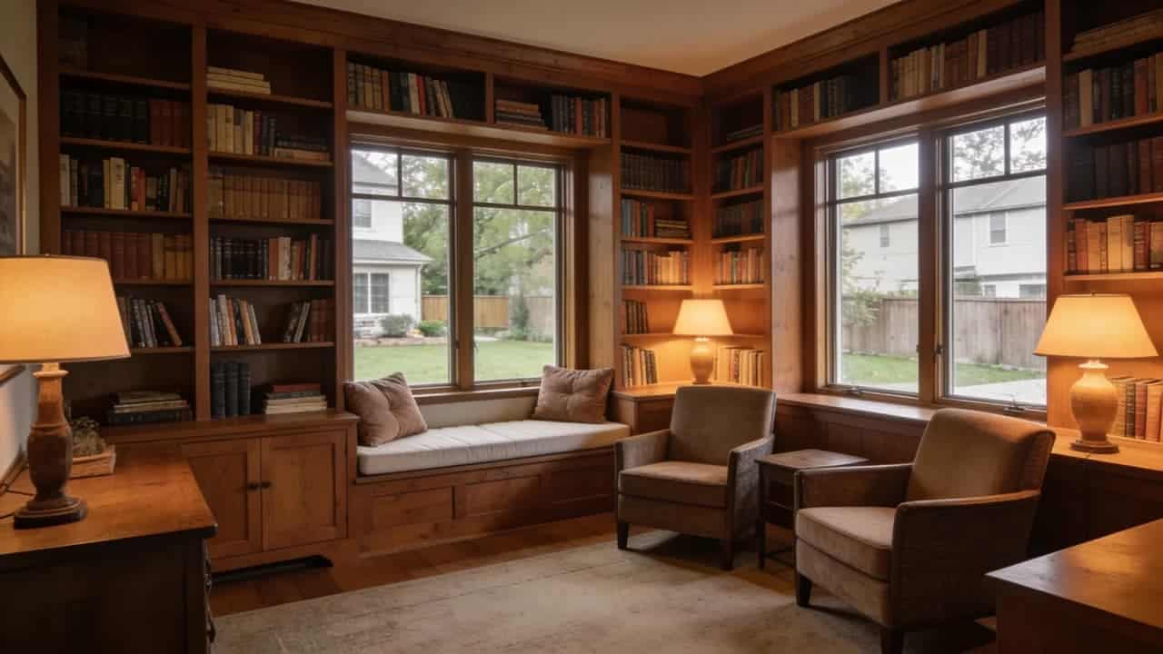 Home library addition with bookshelves and reading book.