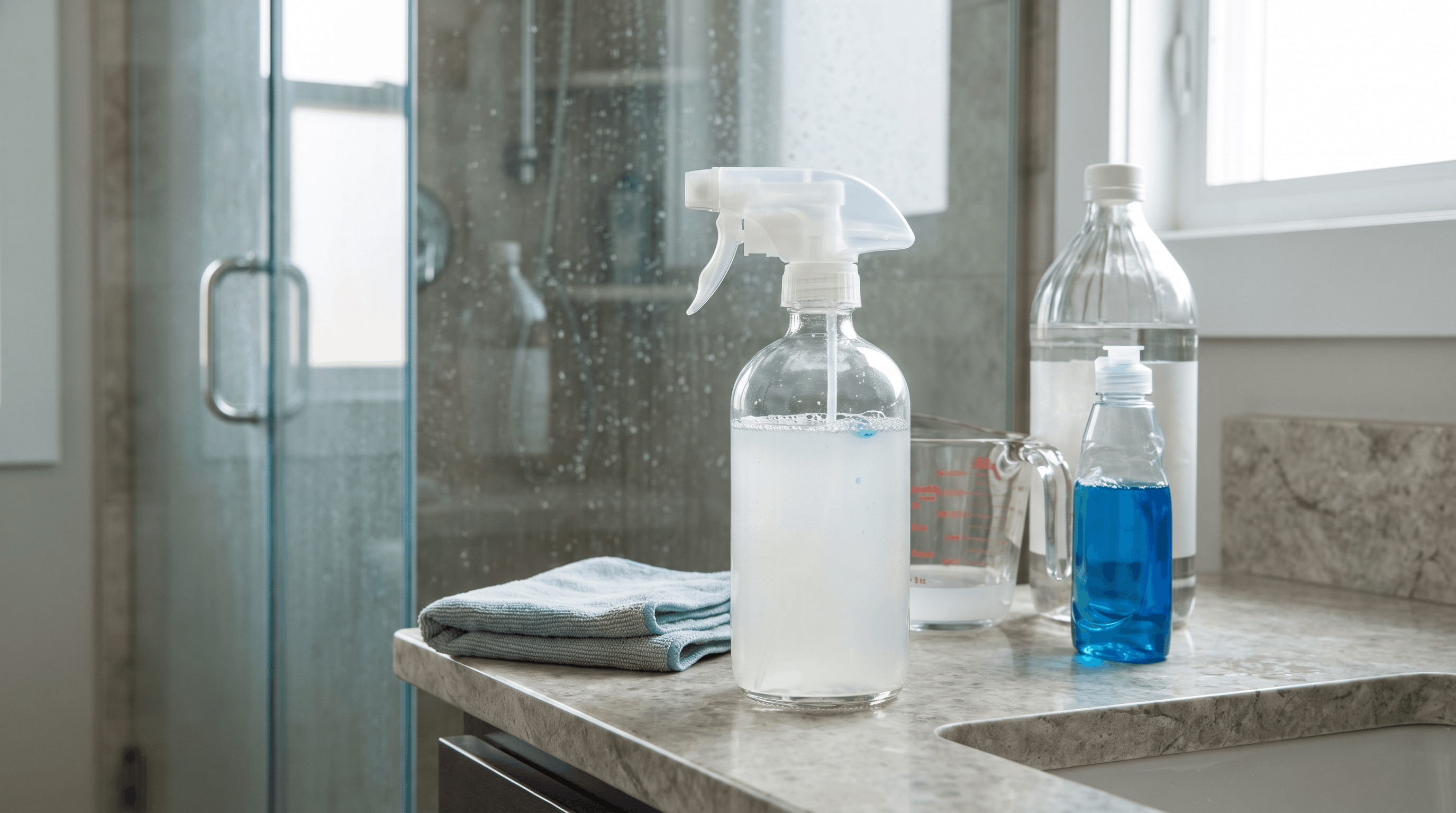 Homemade vinegar and dish soap cleaner prepared for shower glass maintenance.