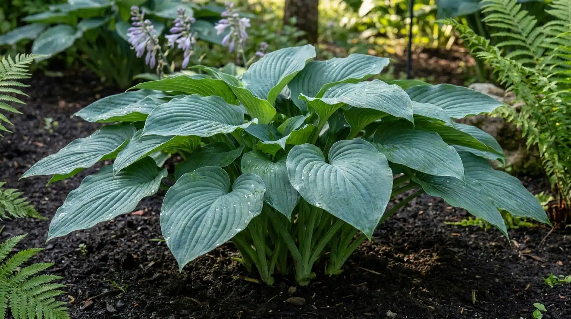 Large blue-green hosta with ribbed leaves and lavender flower scapes in a shaded garden bed.