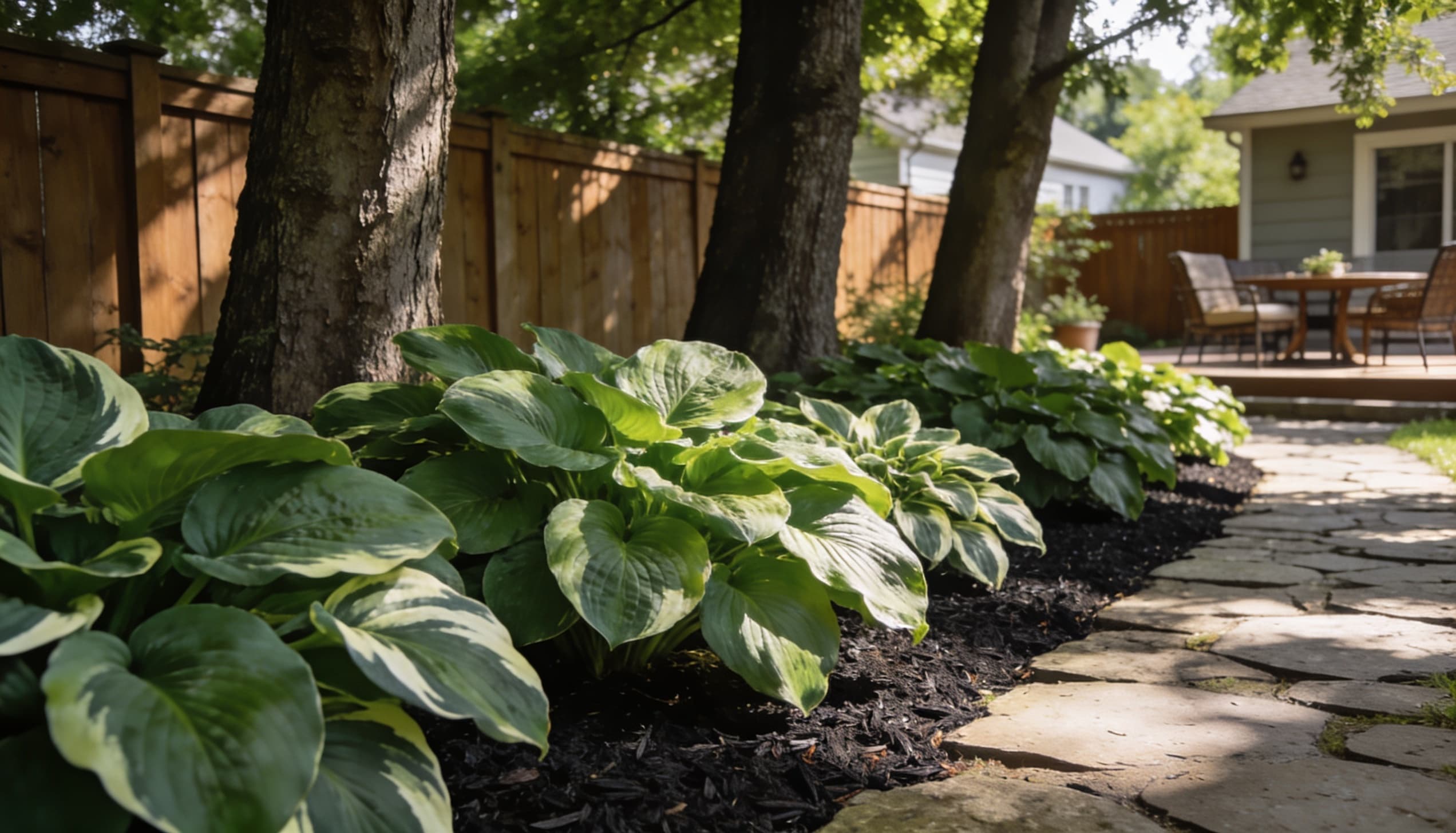 A garden bed featuring large hosta plants with broad, green, and variegated leaves, nestled in a shaded area beneath trees with soft, filtered sunlight.