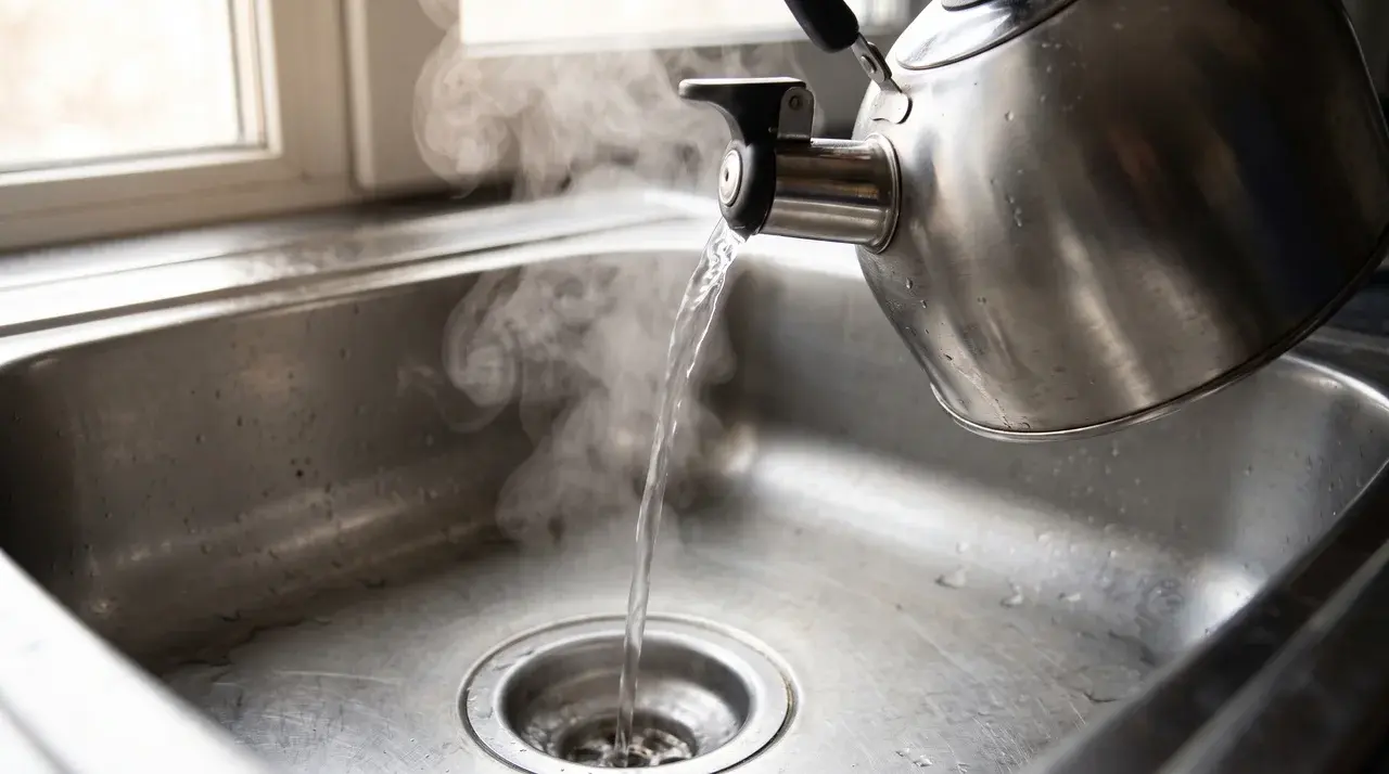 Hot water being poured from a kettle into a stainless steel kitchen sink drain.