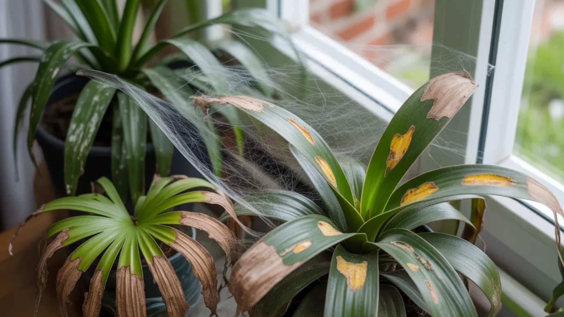 Indoor houseplants near a window with visible spider webs and brown, damaged leaves indicating pest infestation and poor plant health.