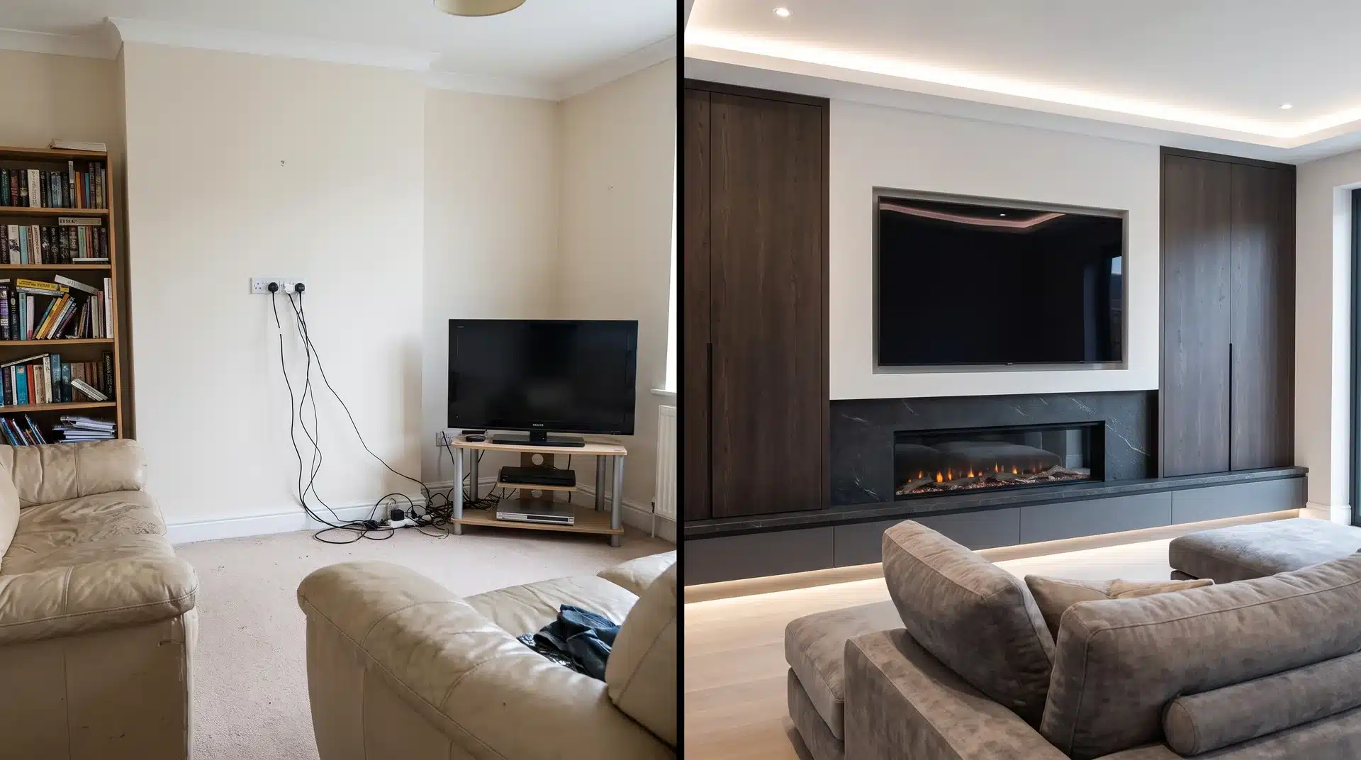 Before and after living room showing a basic TV setup transformed into a modern media wall with fireplace.