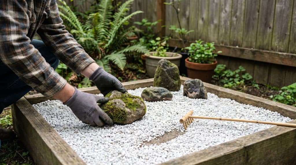 Person arranging stones and moss in a small DIY Zen rock garden with white gravel in a wooden planter box