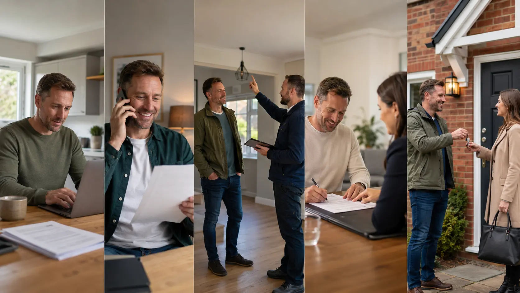 Five-step collage showing a UK homeowner receiving an offer, property inspection, signing documents, and handing over house keys.