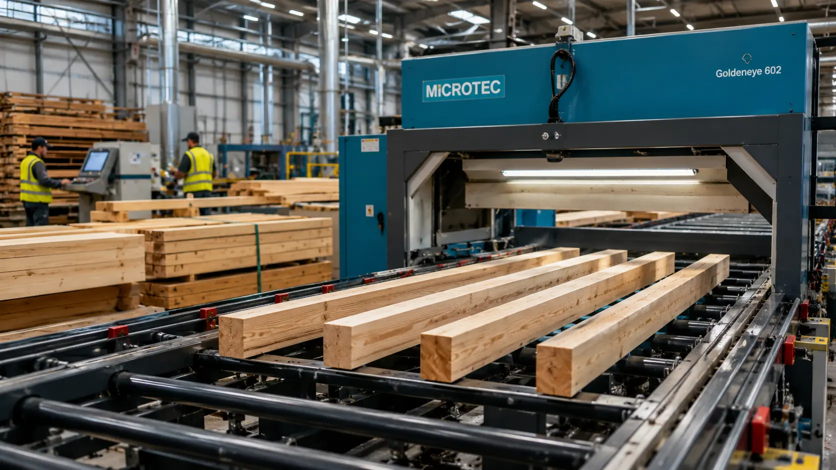 C16 timber beams passing through an automated strength grading machine inside a modern timber processing factory.