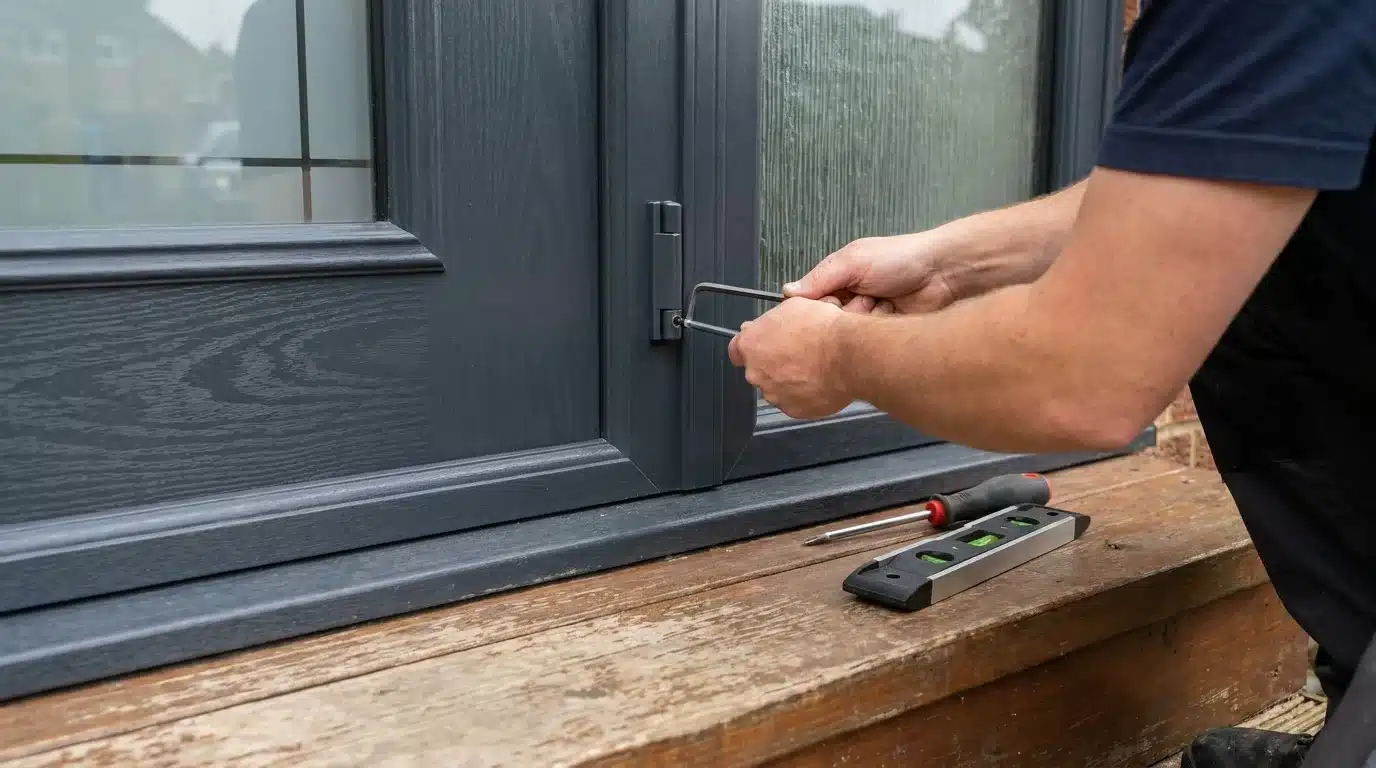 Adjusting a composite door hinge with an Allen key to improve alignment.