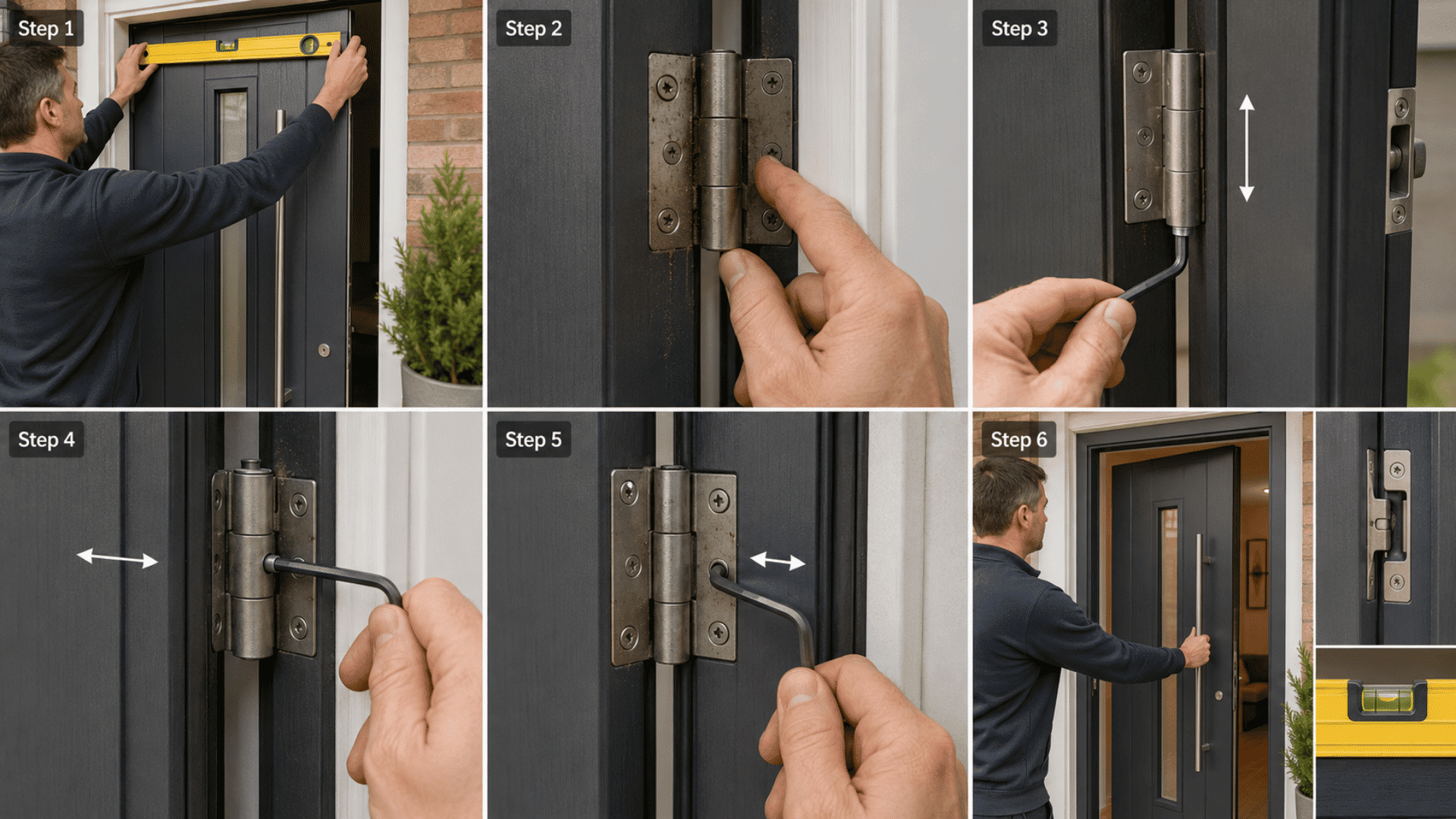 Six-panel guide showing steps to adjust a composite door, including leveling, hinge checks, screw adjustments, and final testing.