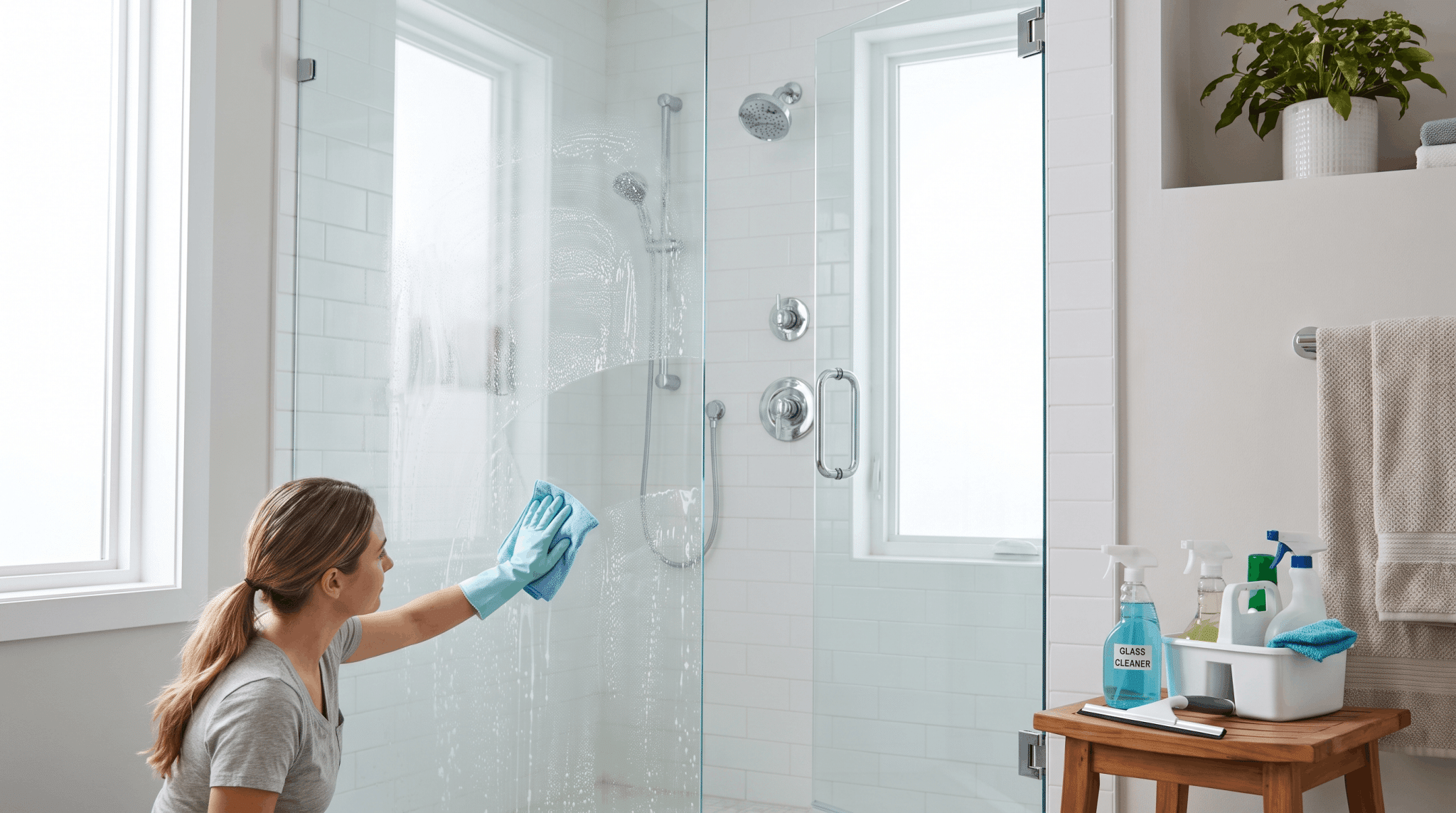 Person cleaning cloudy shower glass with microfiber cloth and bathroom cleaning supplies