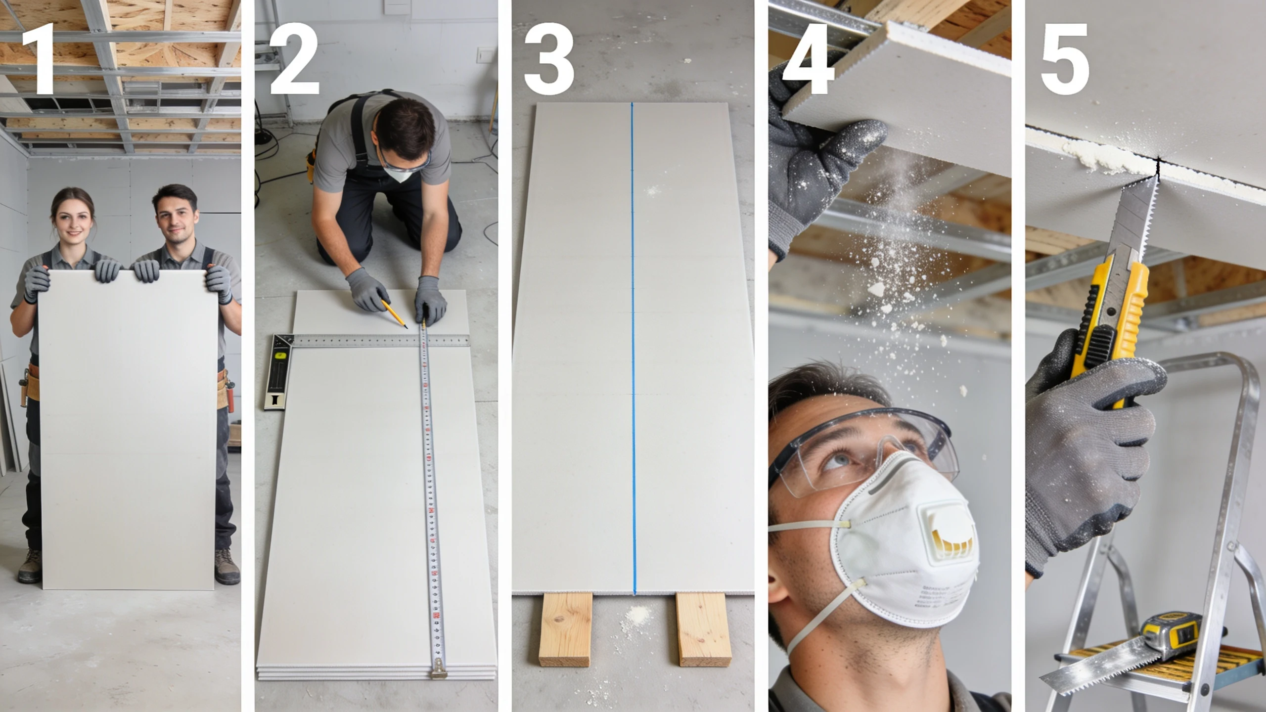 Five safety steps for cutting and fitting ceiling plasterboard working with a helper, cutting on the ground, supporting the sheet, wearing PPE, and trimming installed boards