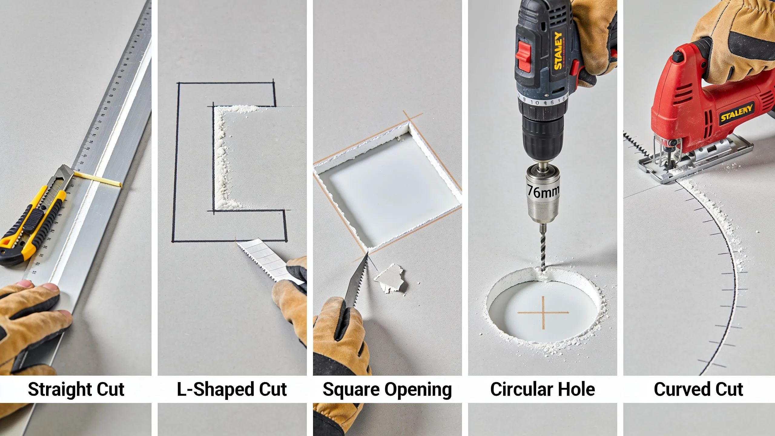 Five types of plasterboard cuts shown side by side straight cut, L-shaped cut, square socket opening, circular hole, and curved cut each labelled by name