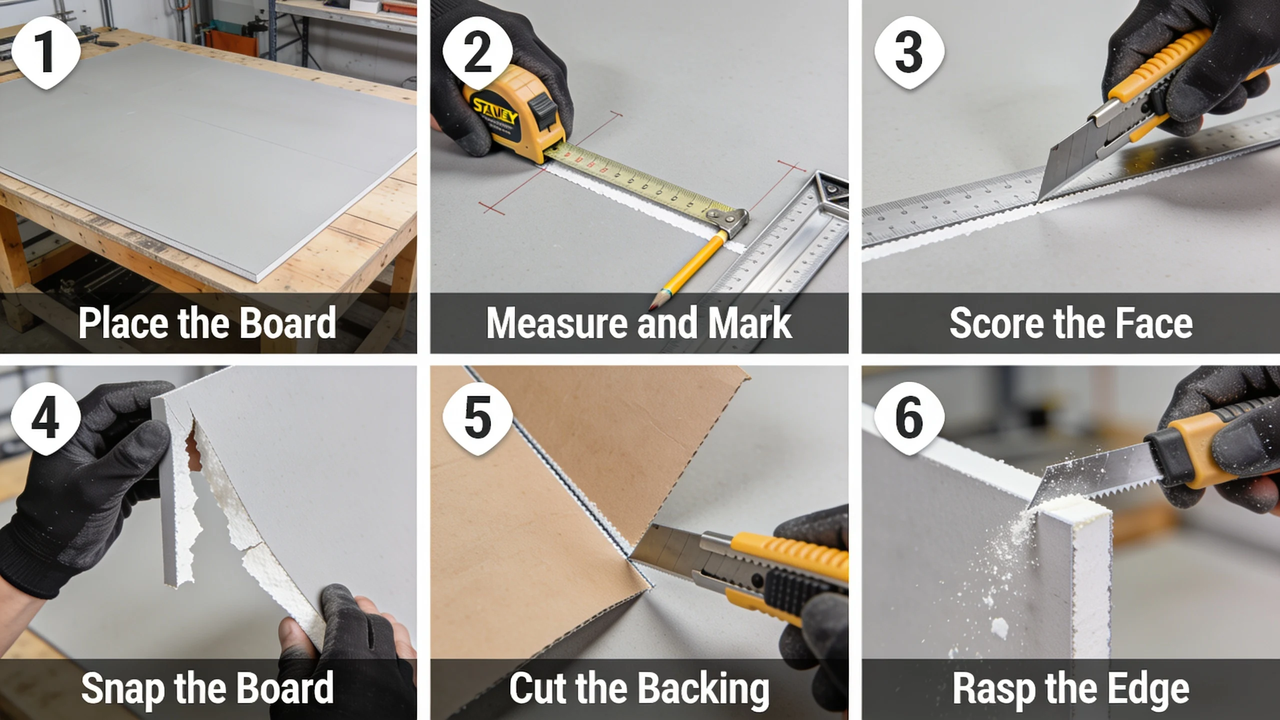 Six-step visual guide to cutting plasterboard using the score-and-snap methodplace, mark, score, snap, cut backing, rasp edge