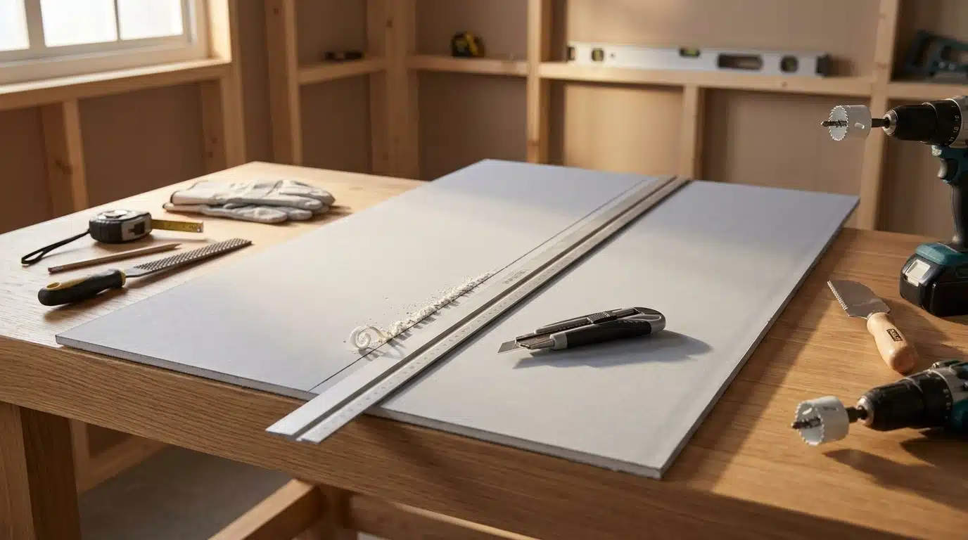 Plasterboard sheet on a workbench with a metal straight edge, utility knife, and tools arranged for measuring and cutting work.