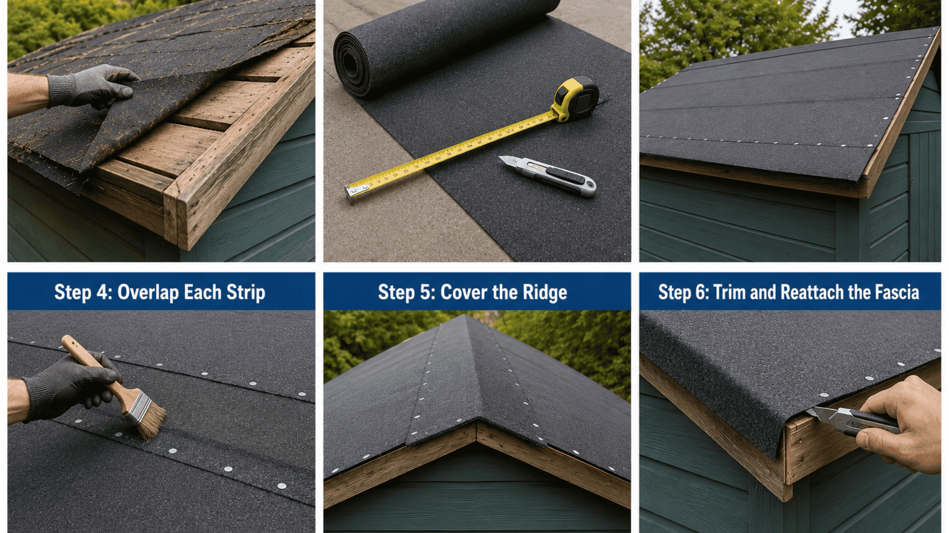 Six-panel guide showing shed roof felt steps from stripping old felt to measuring, laying, overlapping, ridge cover, and trimming.