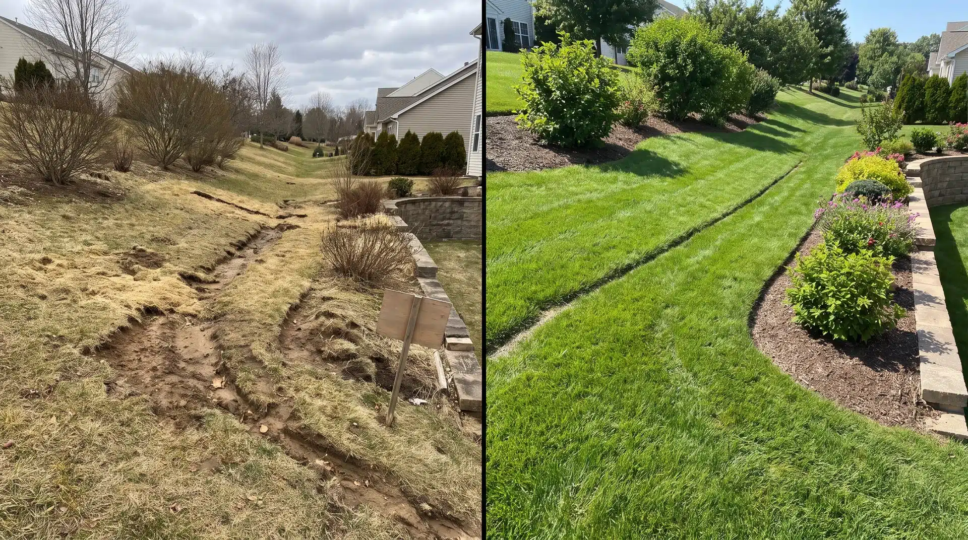 Before and after lawn comparison showing signs your lawn grass is dying on a slope caused by erosion and poor drainage.