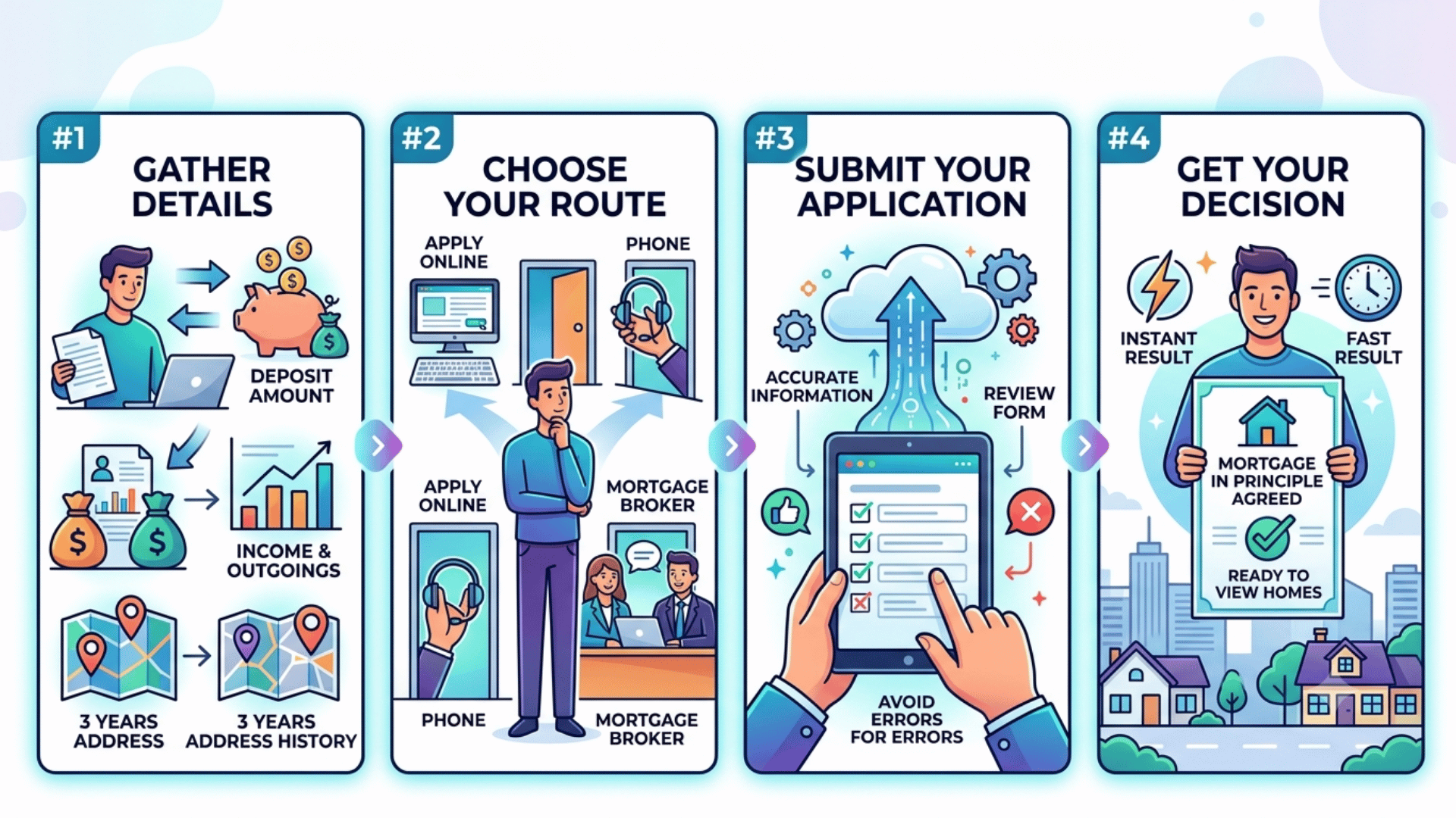 A four-step infographic showing how to get a mortgage in principle: gather details, choose route, submit application, get decision.