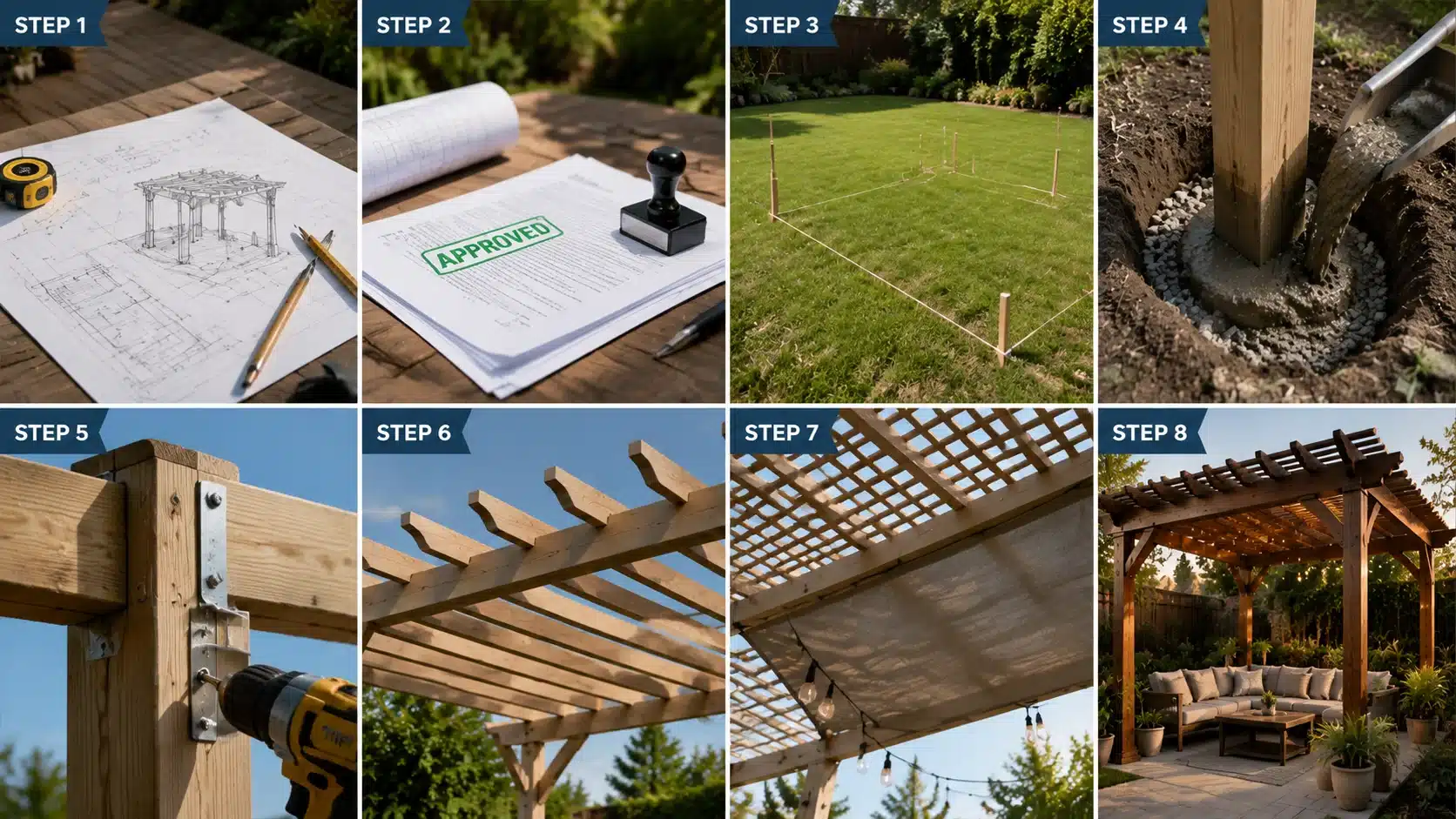 Step-by-step pergola installation guide showing planning, permits, post setting, beams, rafters, roof additions, and finishing work.