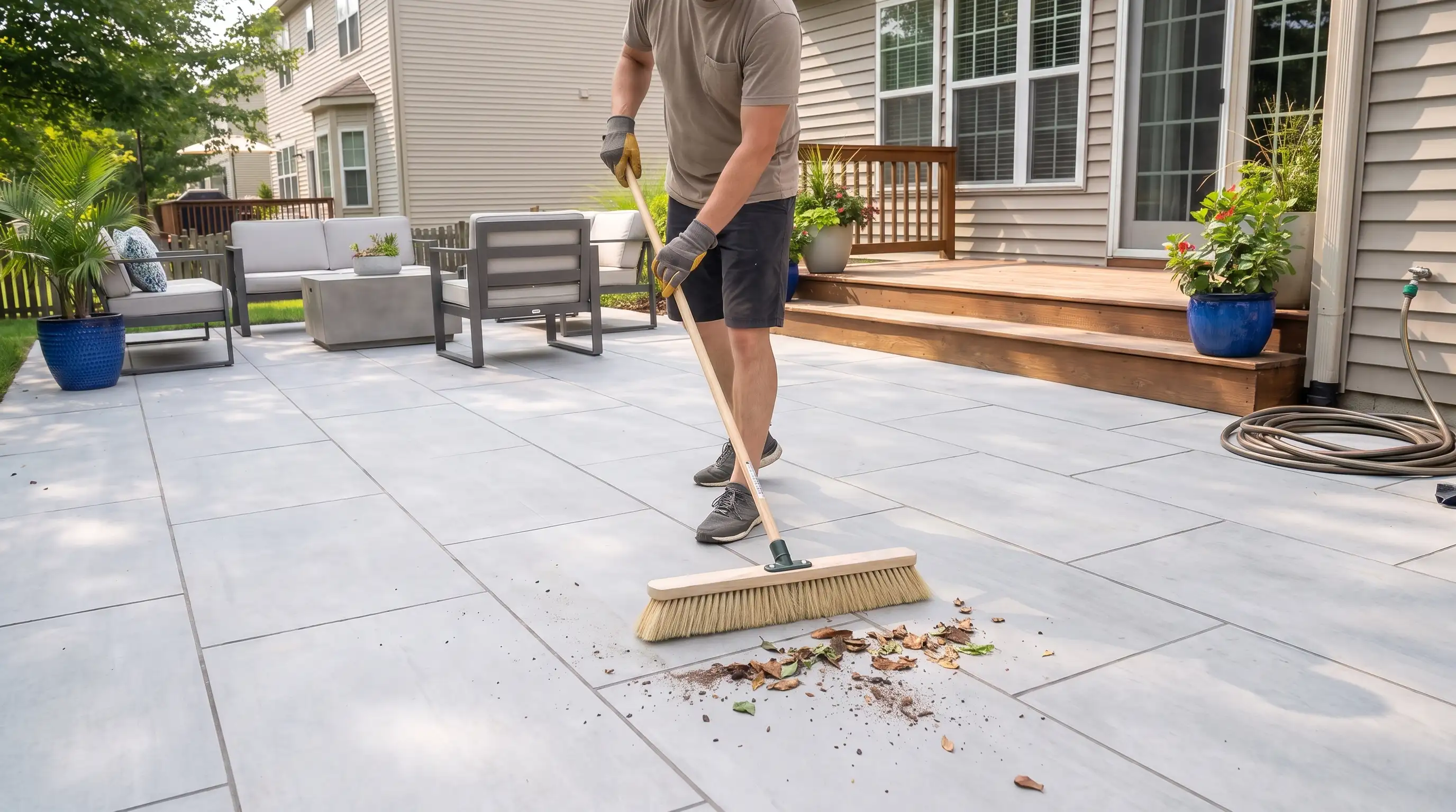 Cleaning porcelain patio slabs with a broom to maintain a fresh outdoor surface.