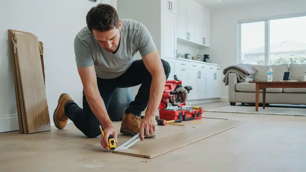 Measuring laminate flooring plank before making a precise cut