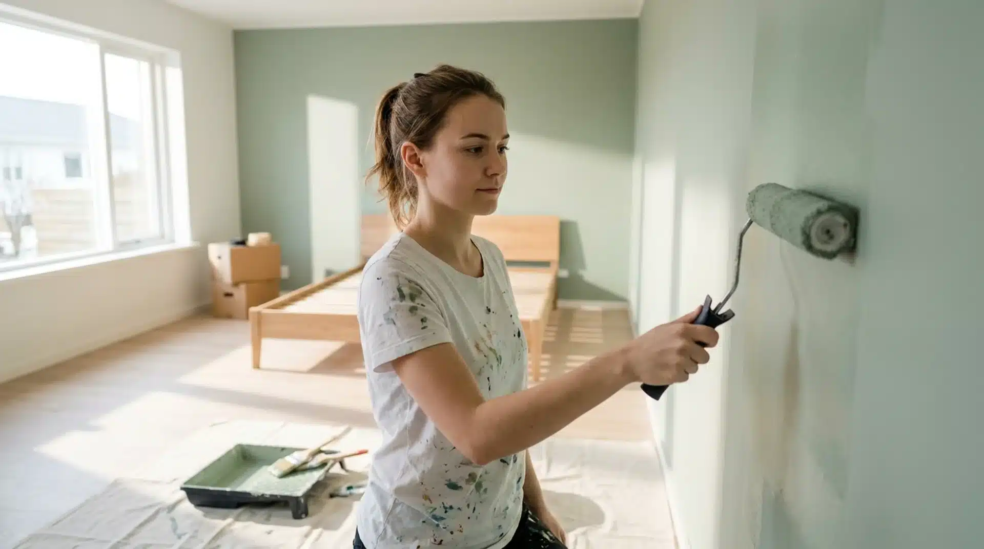 Young woman using paint roller to apply sage green color on bedroom wall in bright natural daylight.