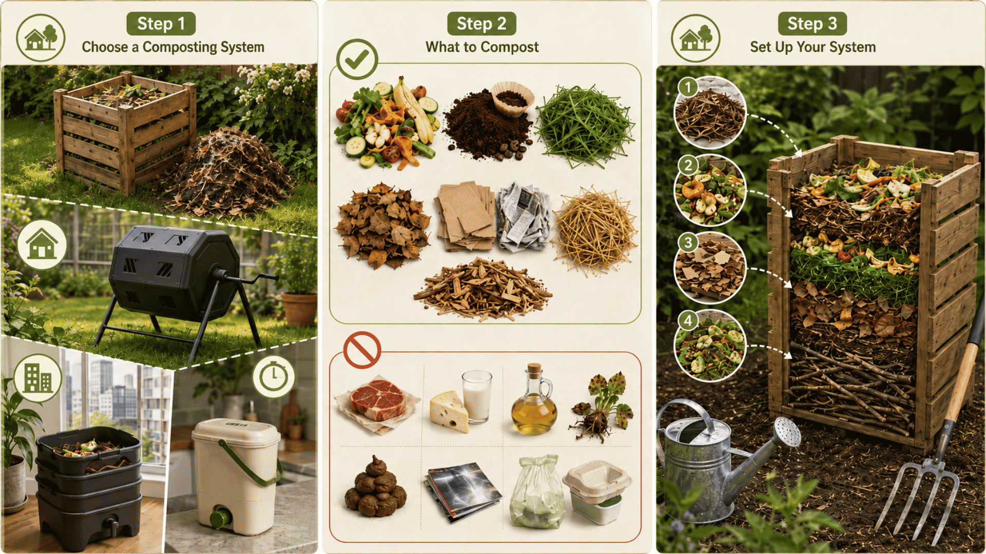 Step-by-step composting guide showing compost systems, compostable materials, and setup layers in three panels.