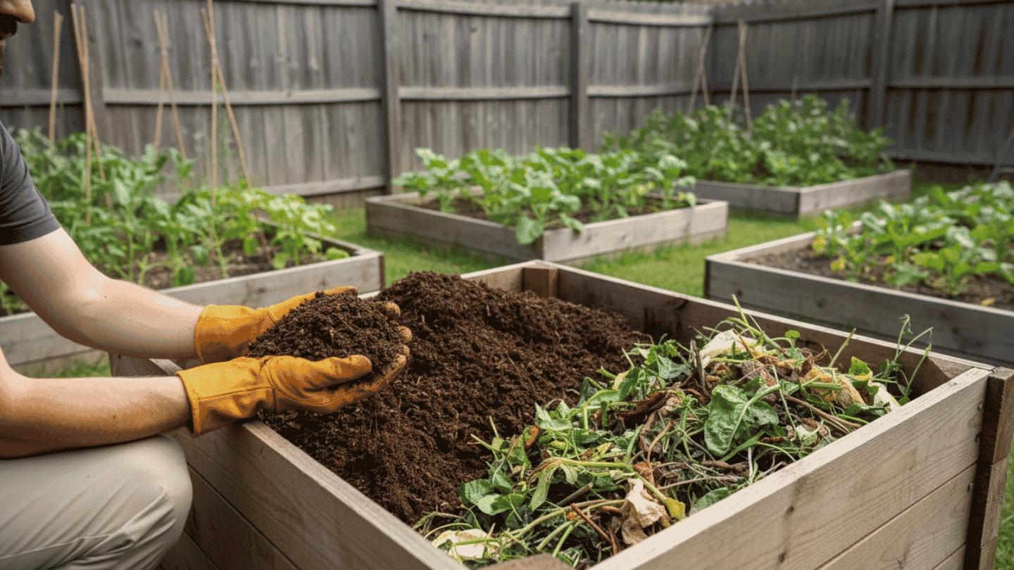 Hands turning rich compost inside a wooden garden bin filled with organic scraps and soil-like material under natural daylight.