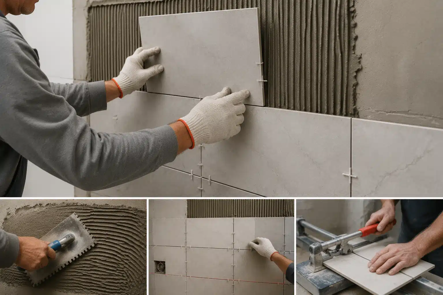 Realistic collage showing wall tiling process with large central tile placement and smaller steps like adhesive, spacing, and cutting tiles.
