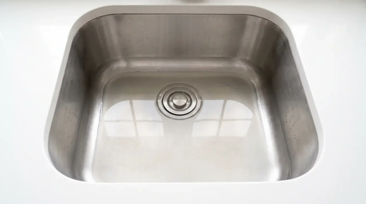 Standing water in a clogged kitchen basin, a common issue when learning how to unblock a sink without a plunger.
