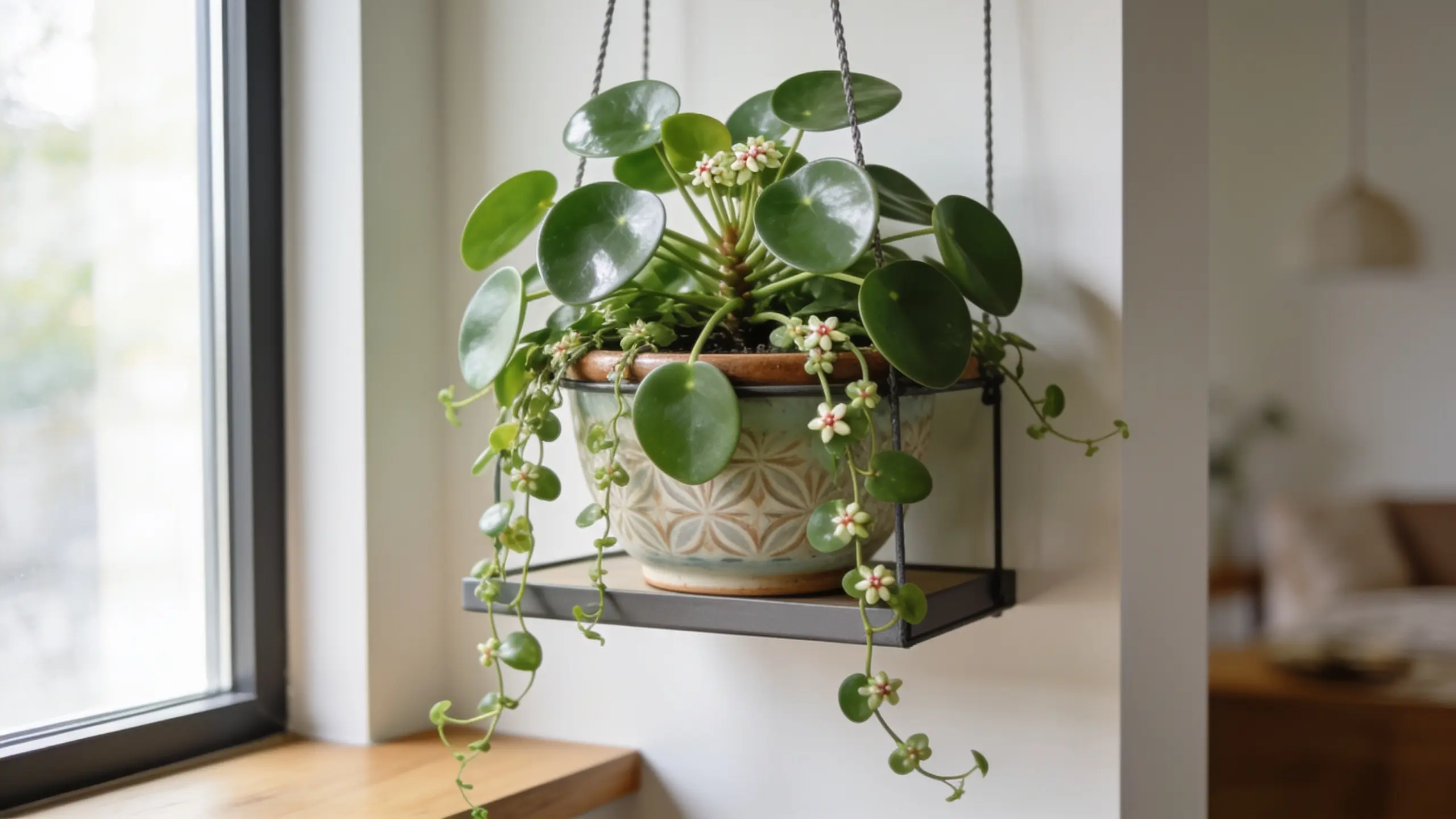 Hoya plant with trailing vines and thick waxy green leaves in an indoor pot near natural light.