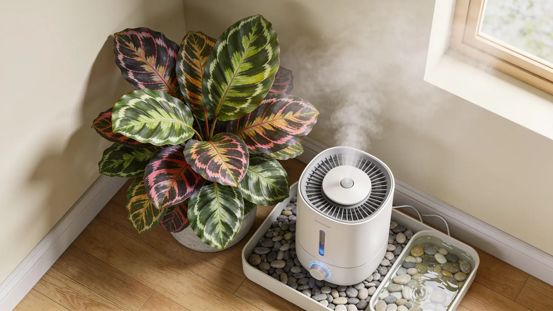 Calathea beside humidifier and pebble tray in indoor setting