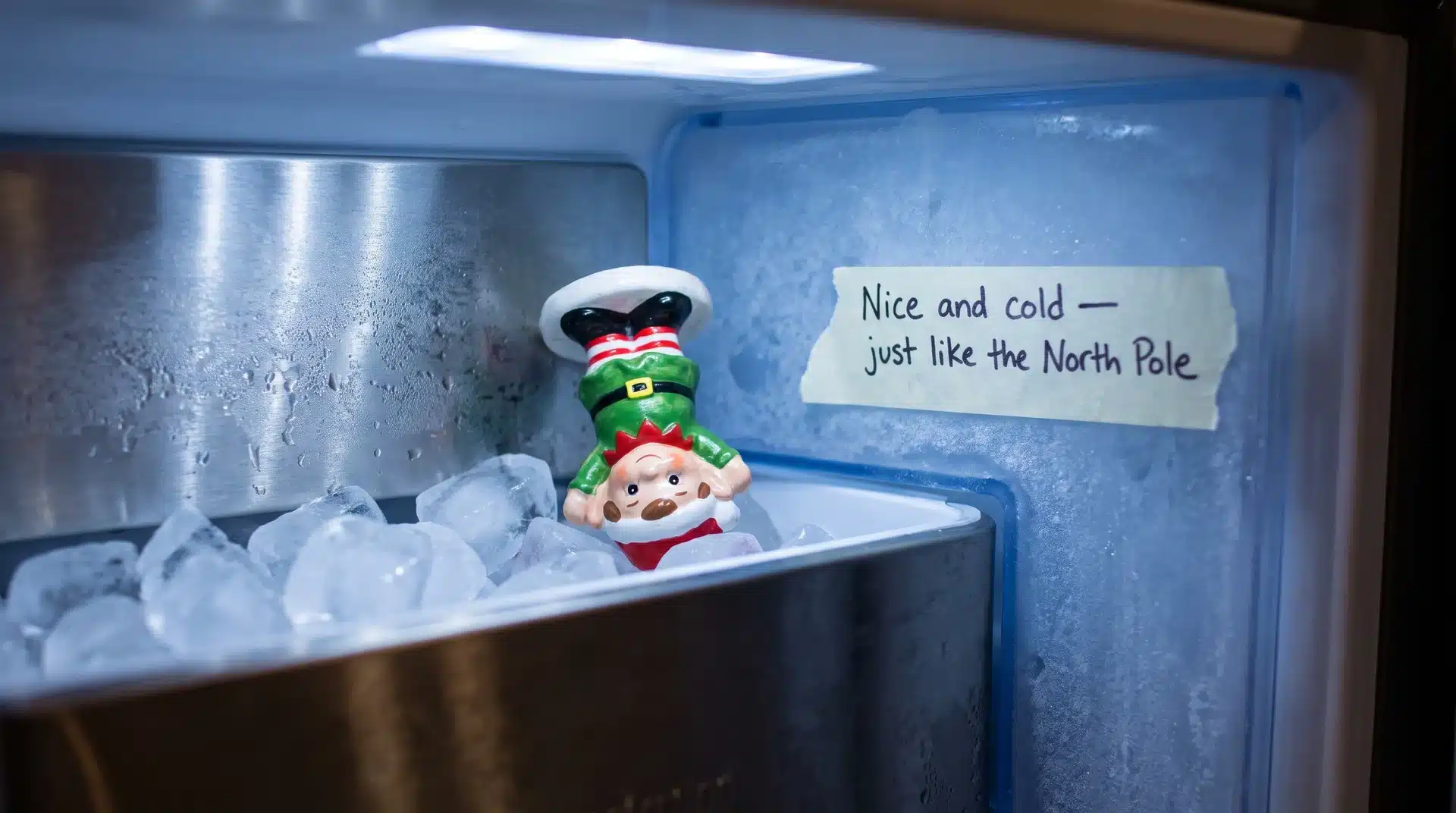 Elf on the shelf positioned upside down inside a refrigerator ice maker with a note nearby.