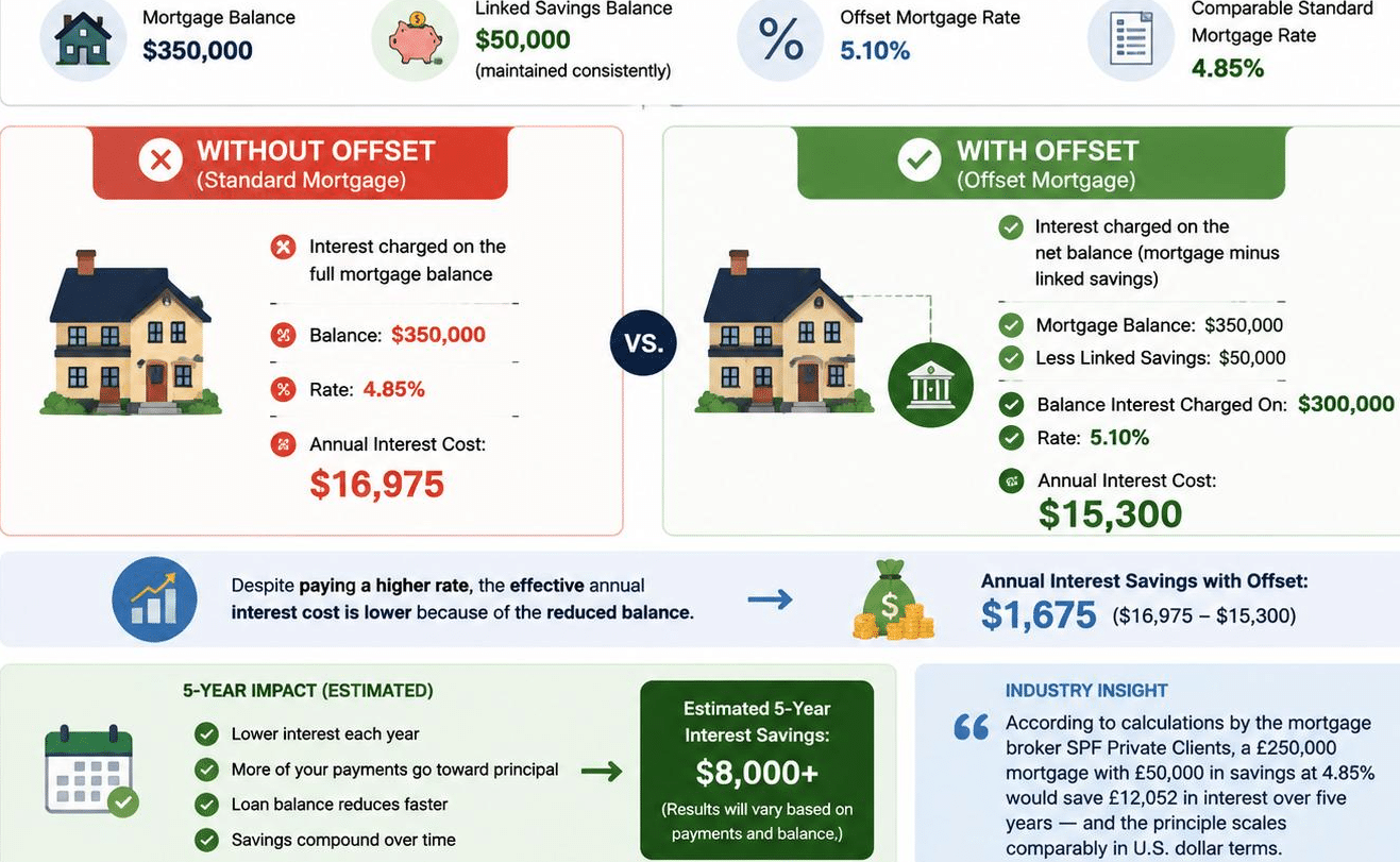 Real-life offset mortgage example comparing standard and offset loan showing savings balance reducing interest and five-year savings impact.