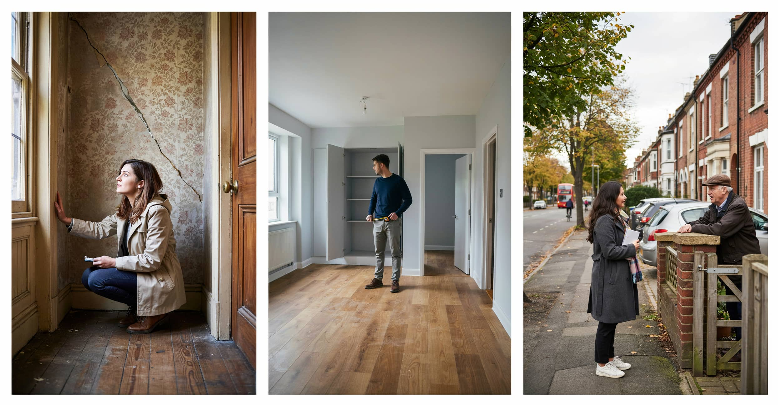 Homebuyer inspecting structural issues, room layout, and neighborhood conditions before buying a house.