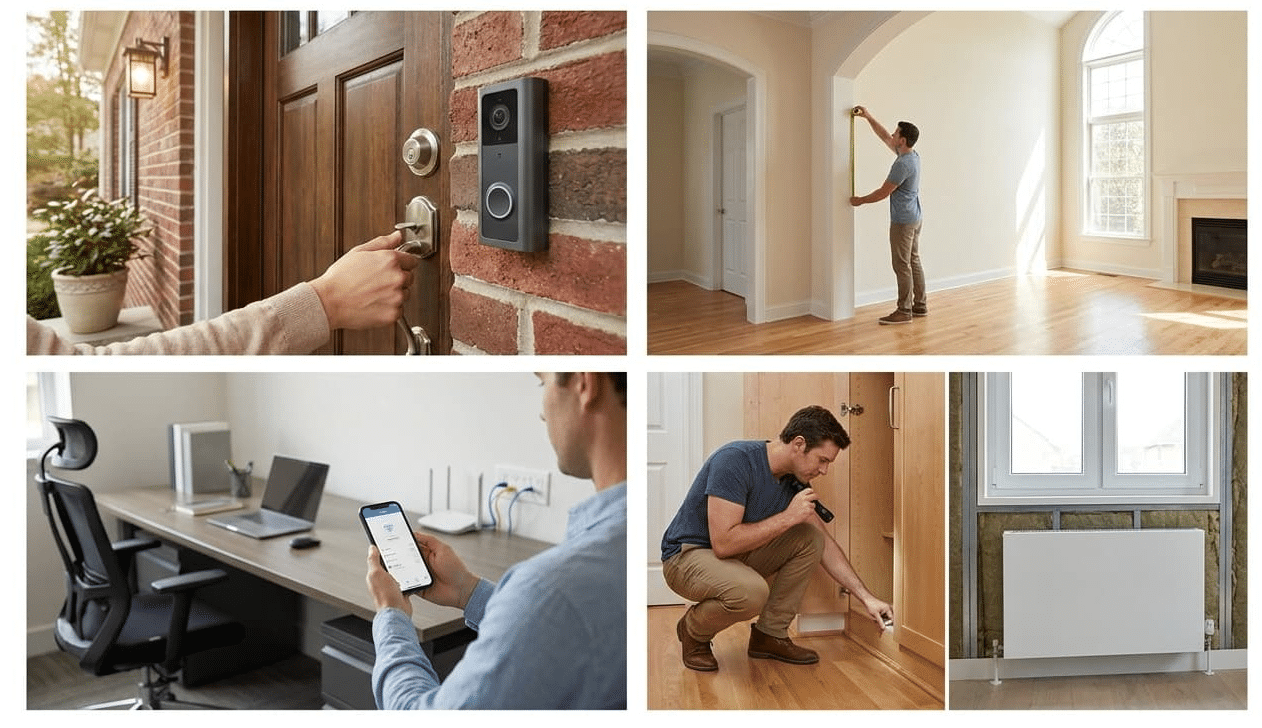 House viewing checks showing a buyer testing door security, measuring room space, checking internet connectivity, and inspecting pest signs and energy efficiency features.