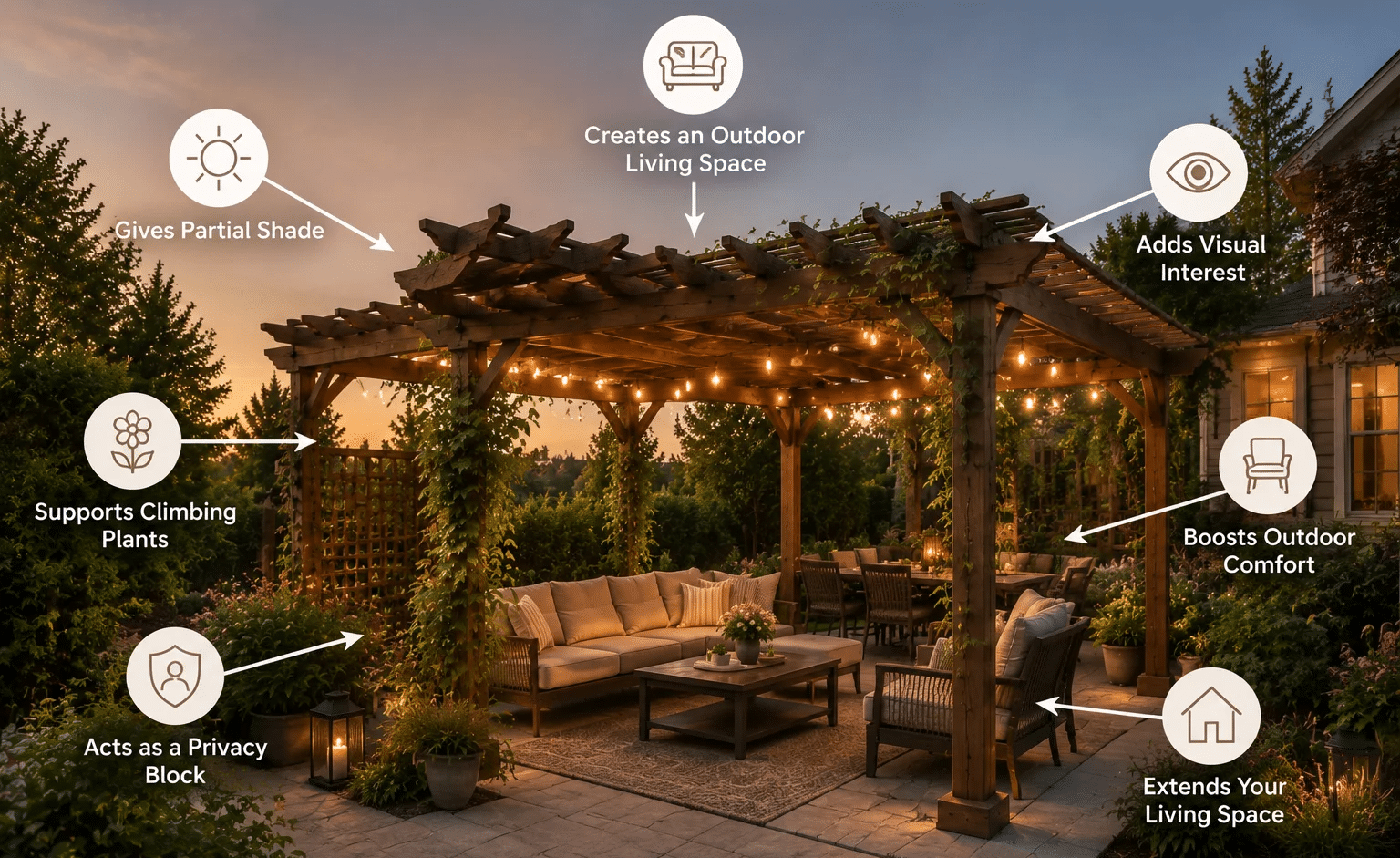 Wooden pergola in a backyard with seating, plants, shade, privacy screens, and outdoor features highlighted with simple visual markers.