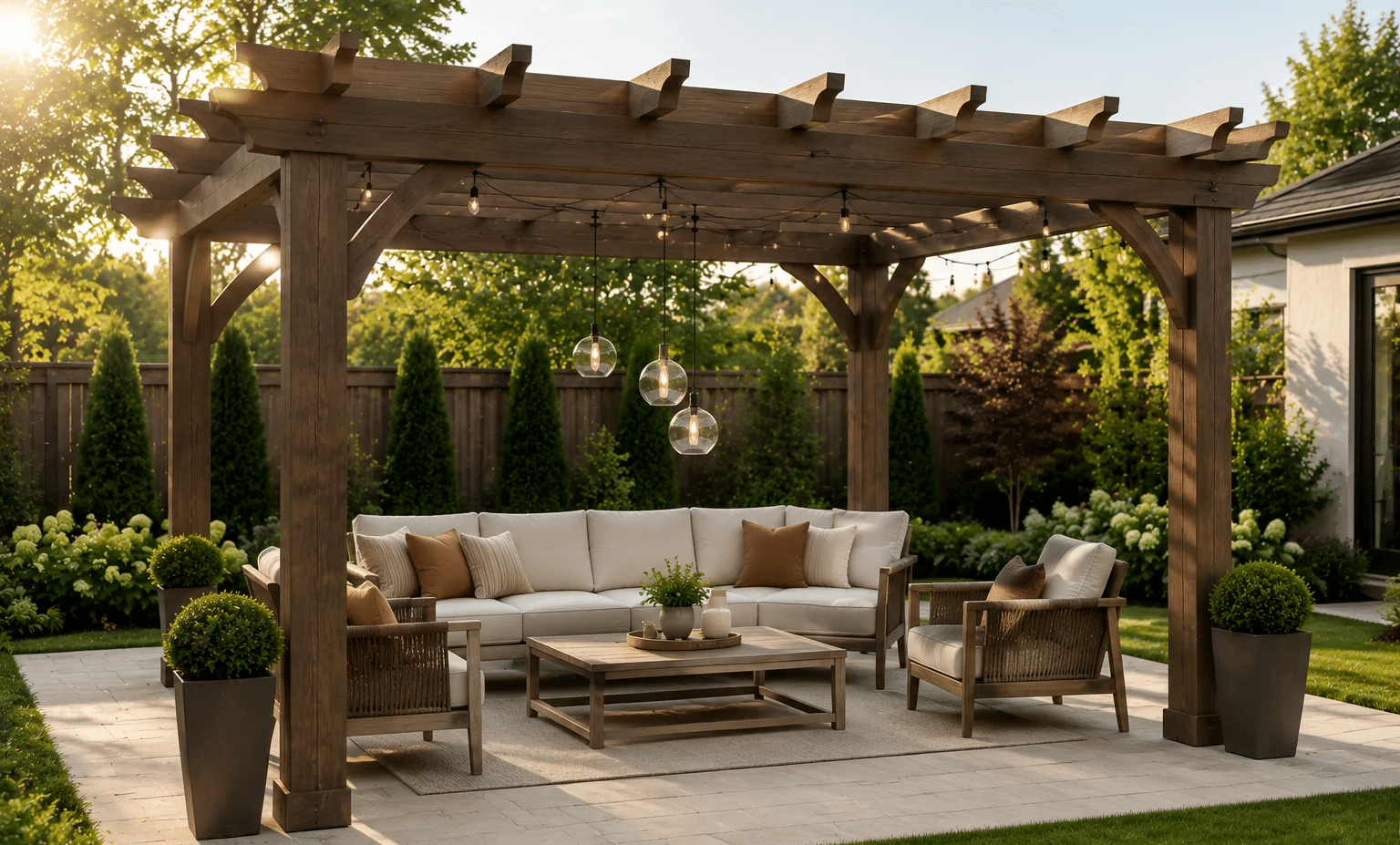 Freestanding pergola placed in a backyard garden with open space, creating a shaded outdoor seating area away from the main house.
