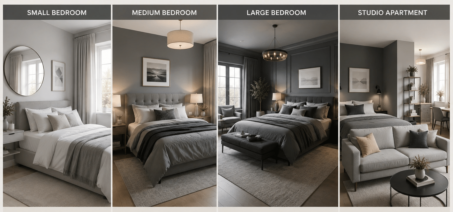 Collage comparing grey bedroom ideas for small, medium, large, and studio spaces with layouts suited to each room size.