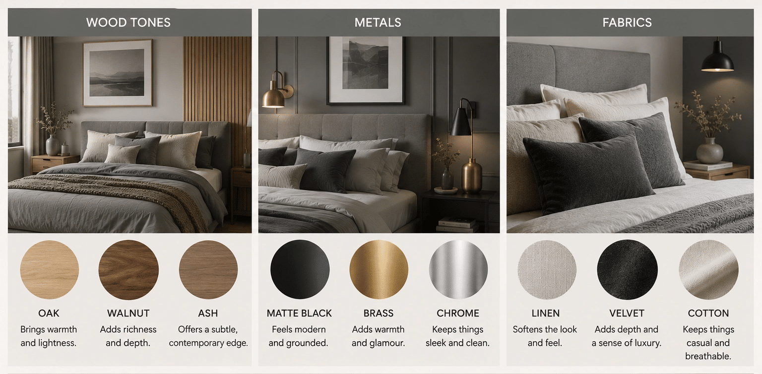 Infographic showing wood, metal, and fabric pairings that add warmth, texture, and depth to grey bedroom interiors.