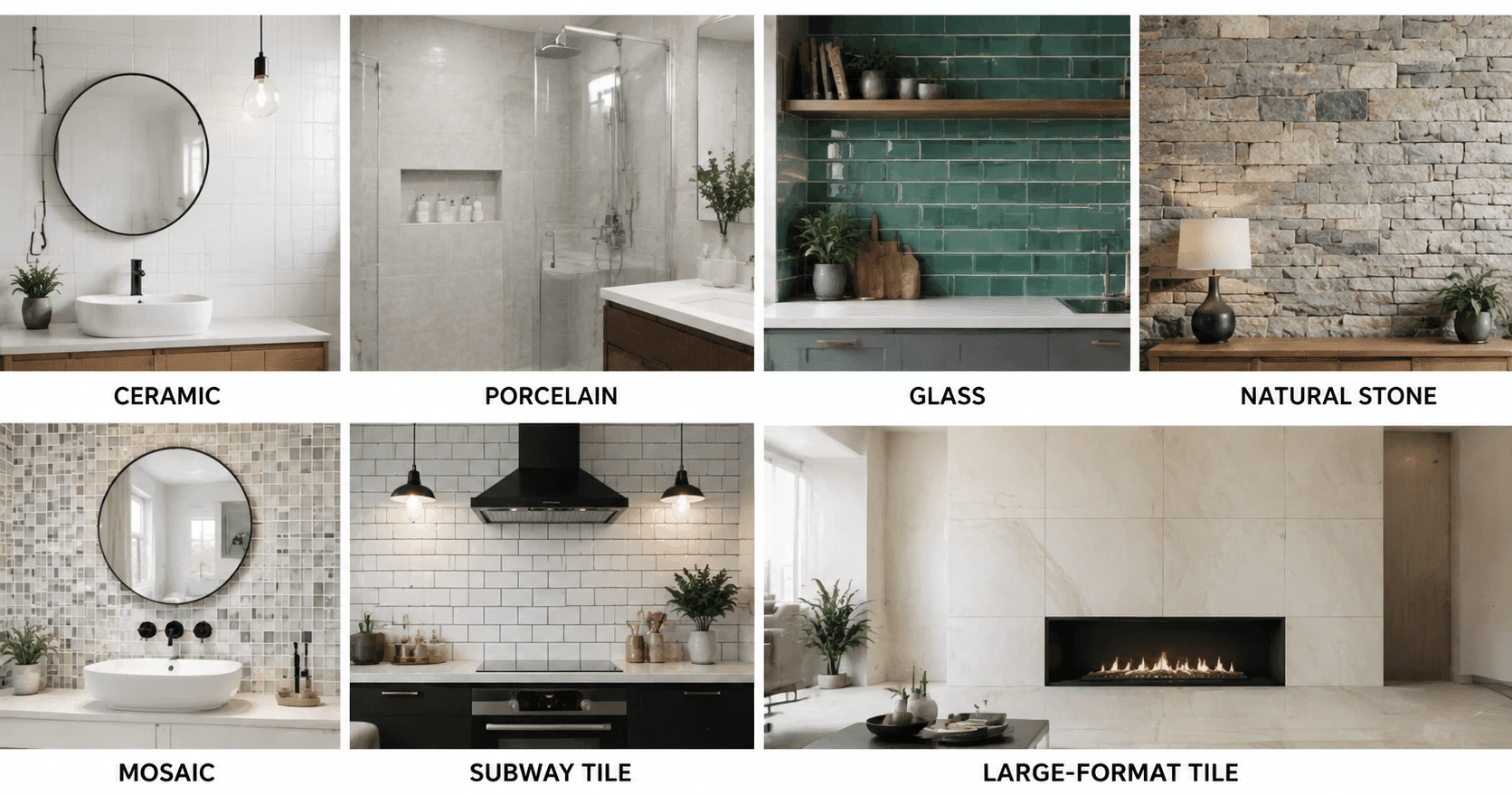 Different types of wall tiles including ceramic, porcelain, glass, mosaic, and natural stone samples arranged together.