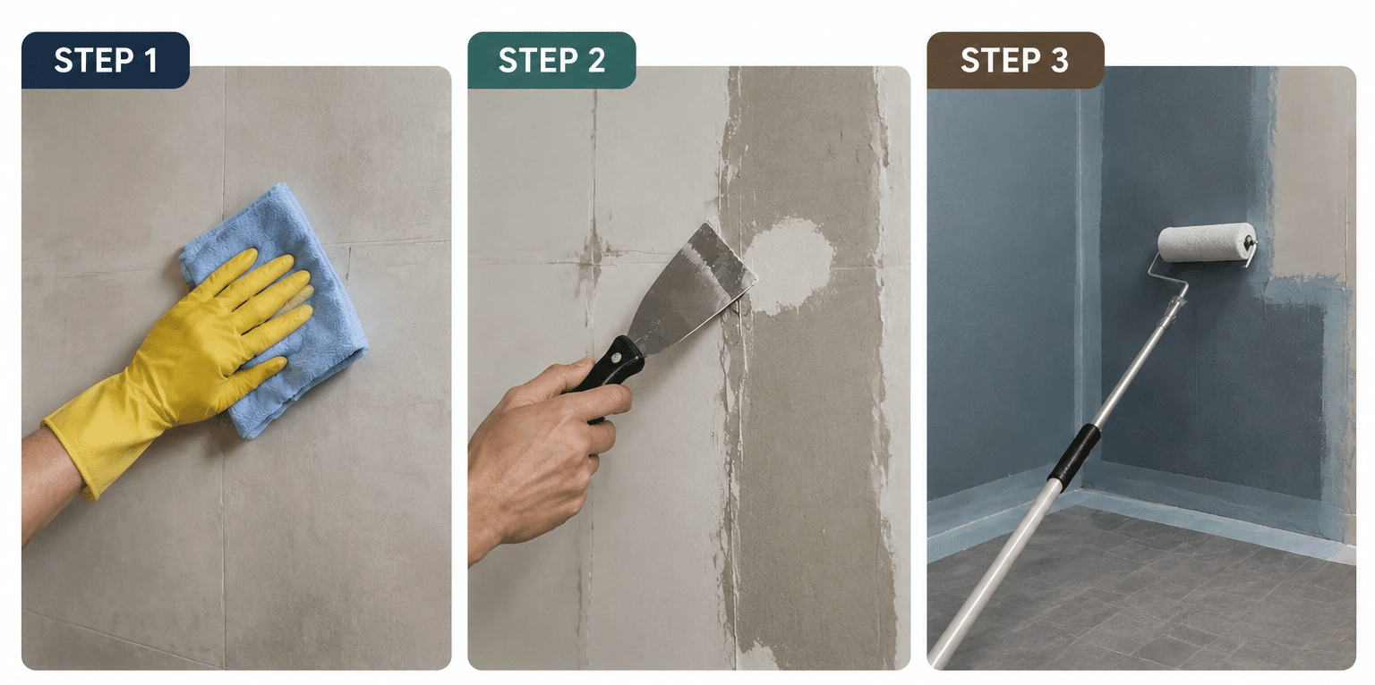 Three-step wall surface preparation guide showing cleaning and priming, repairing imperfections, and waterproofing before tiling.