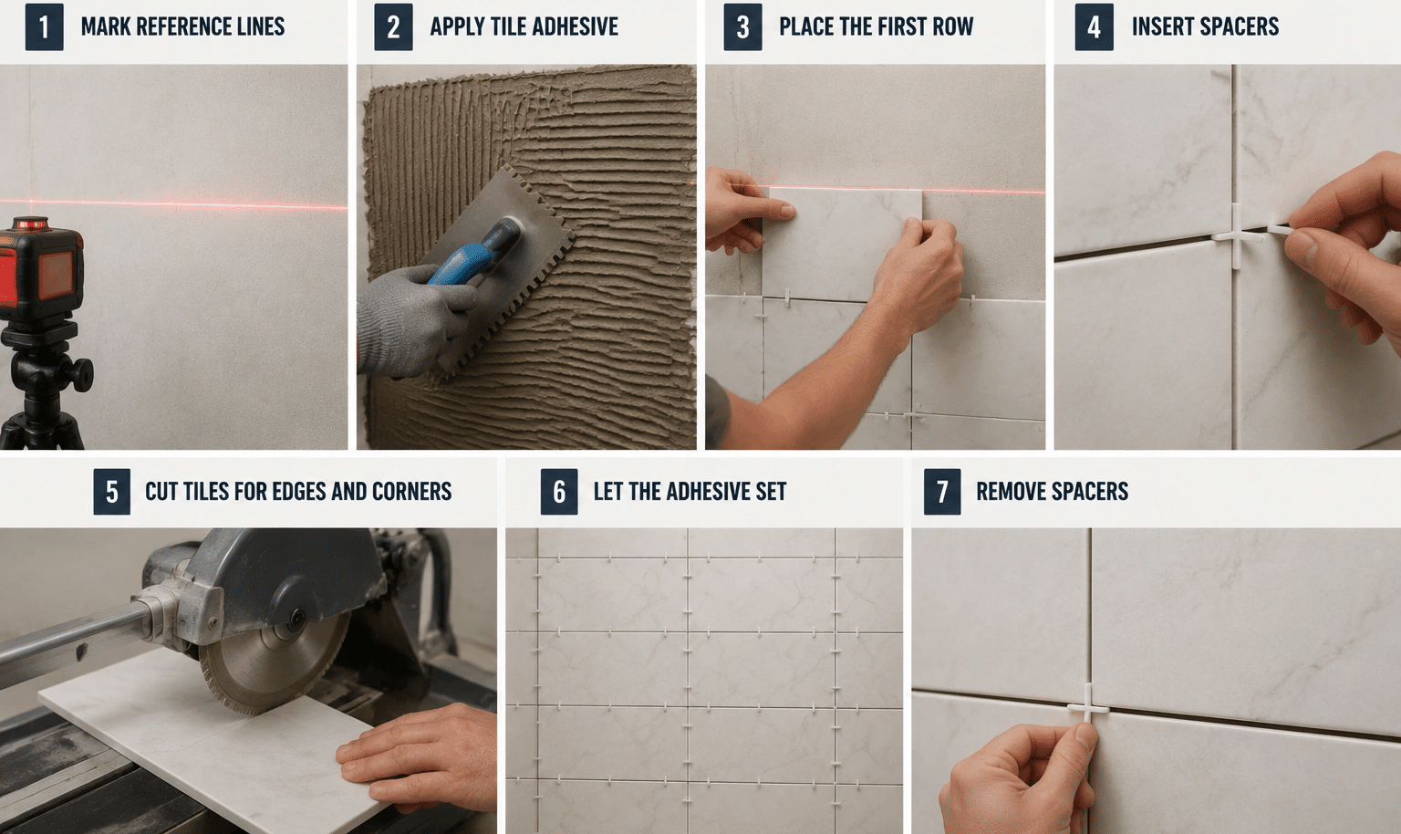 Seven-step wall tiling process showing marking lines, applying adhesive, placing tiles, inserting spacers, cutting tiles, setting adhesive, and removing spacers.