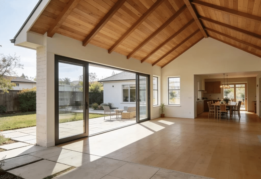 Open-concept family room addition with sliding doors and backyard views.