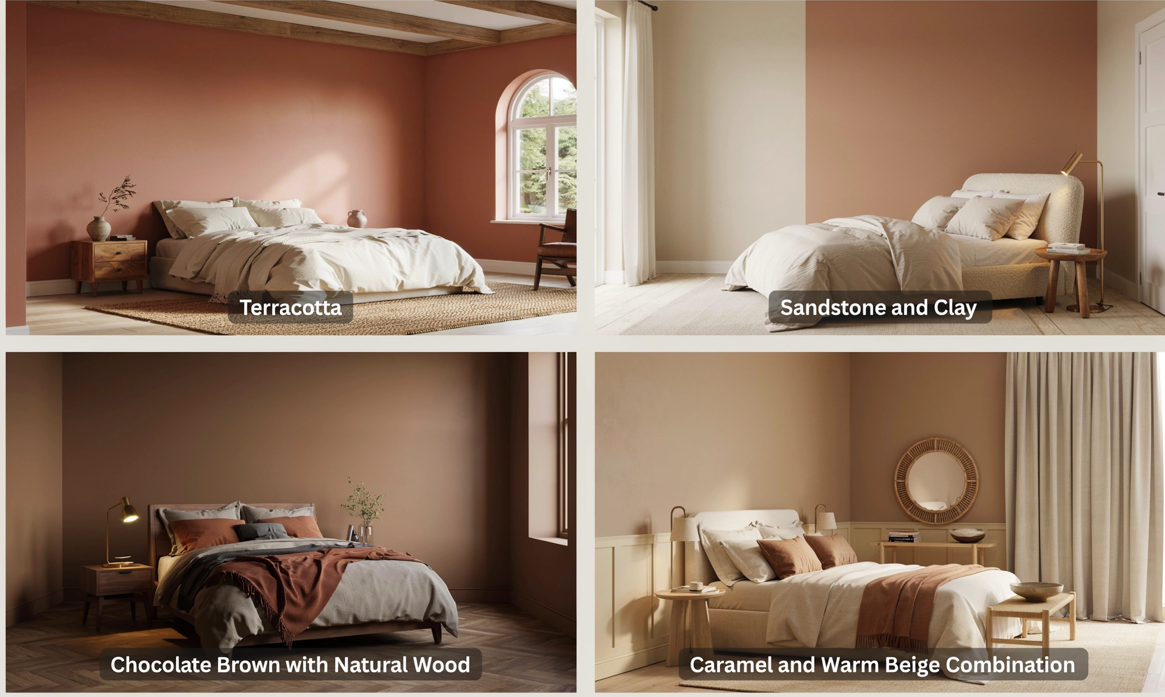 Luxury bedroom collage featuring terracotta, sandstone and clay, chocolate brown, and caramel beige painted walls.
