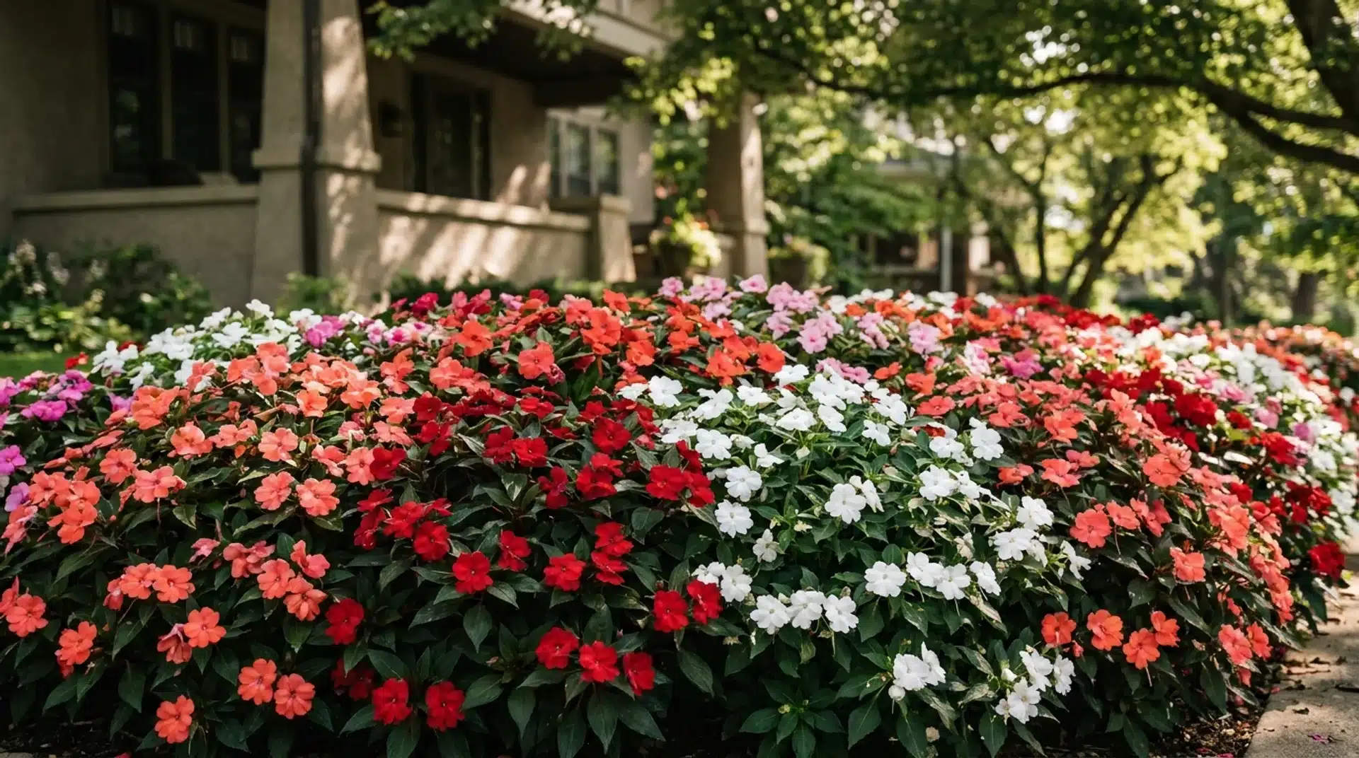 Dense New Guinea impatiens mass planting in coral, red, and pink in a shaded front yard border.