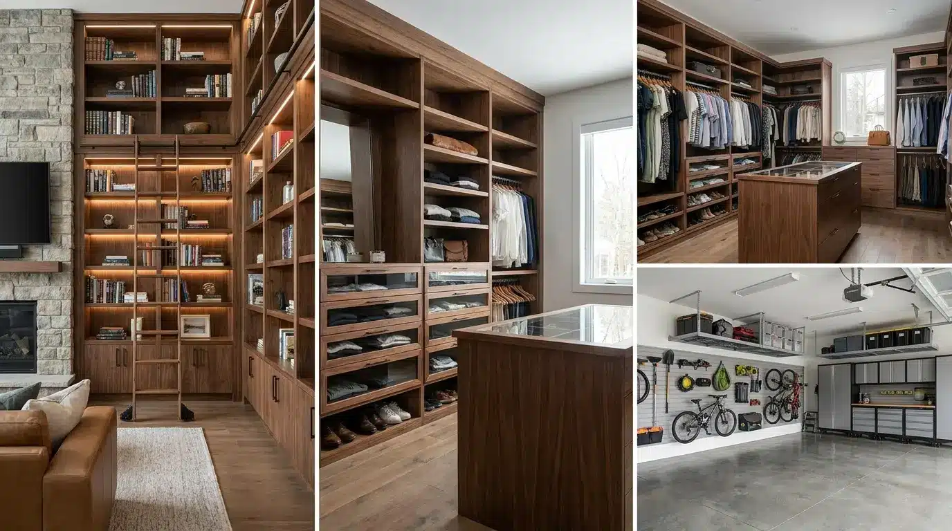 Collage showing custom built-in bookshelves, a walk-in closet with organizers, and an organized garage storage system.