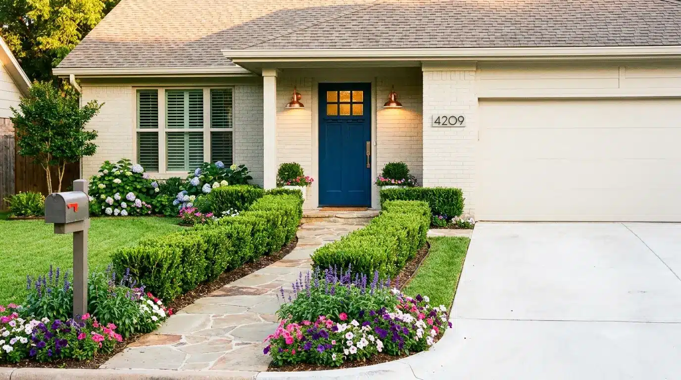 Front of a well-maintained home with a blue front door, stone walkway, trimmed hedges, colorful flower beds, and a clean driveway.