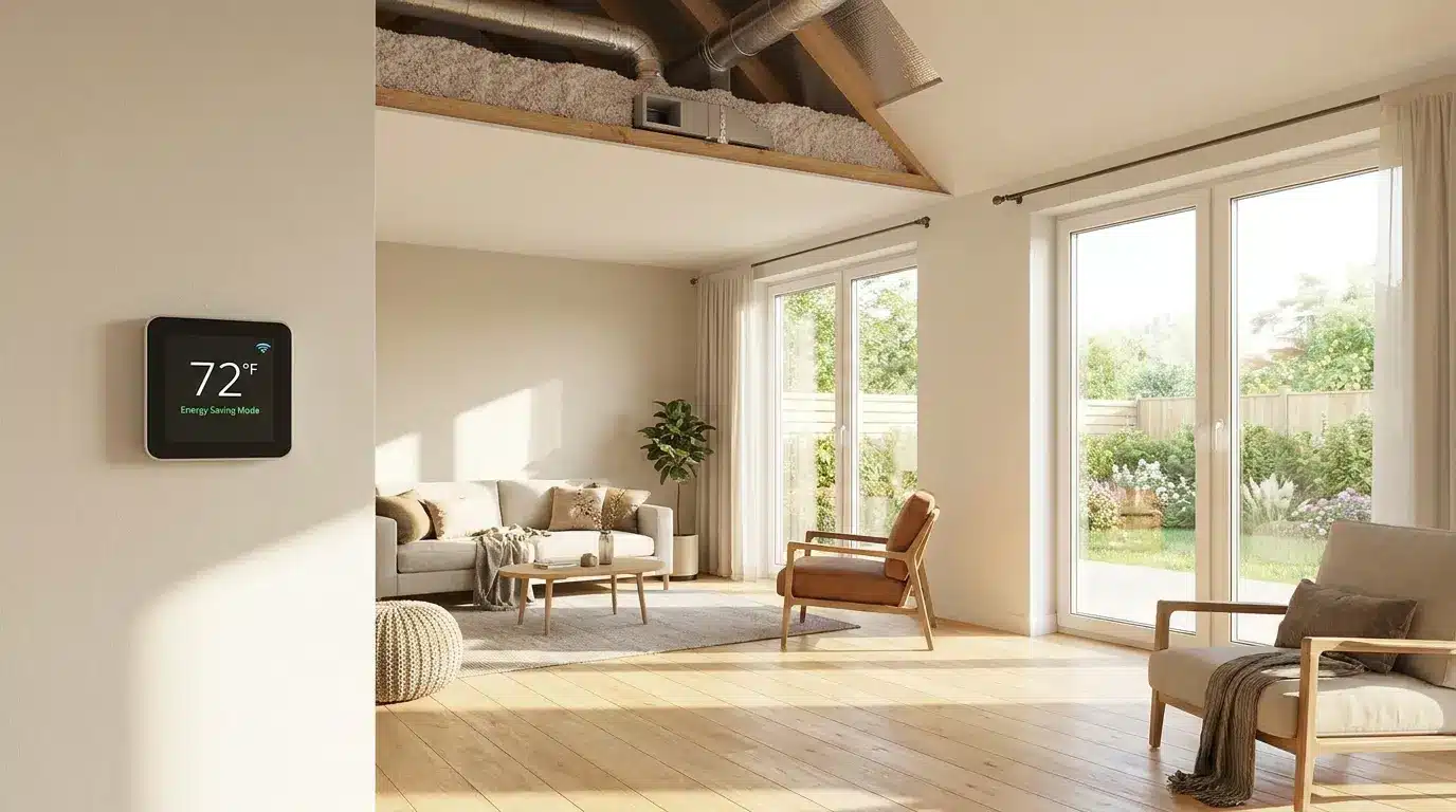 Bright living room with a smart thermostat, attic ladder, insulated attic, large windows, and energy-efficient LED lighting.