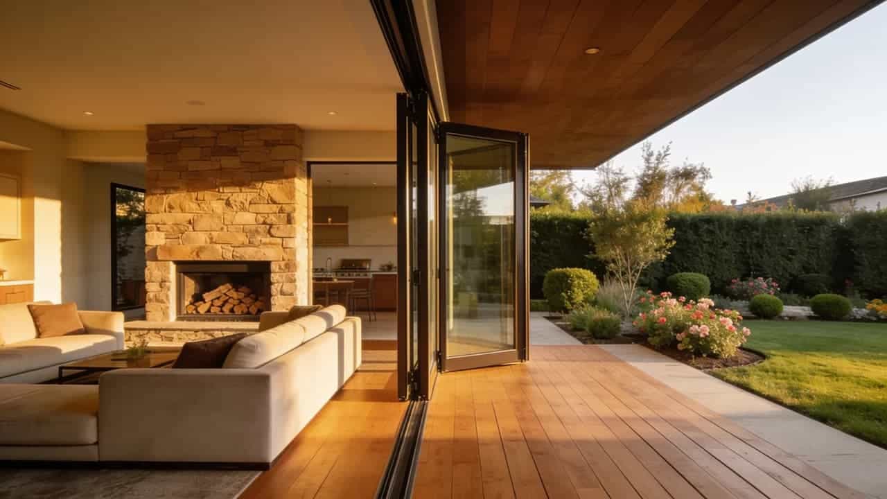 Indoor-outdoor living room addition with folding glass doors.